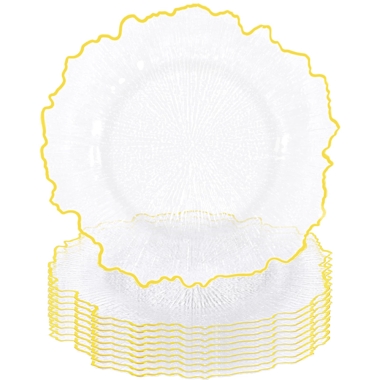 Lot de 10 assiettes transparentes en plastique de qualité supérieure pour mariage - 33 cm - Bord doré - Motif récif de flore - Assiettes décoratives pour événements et fêtes