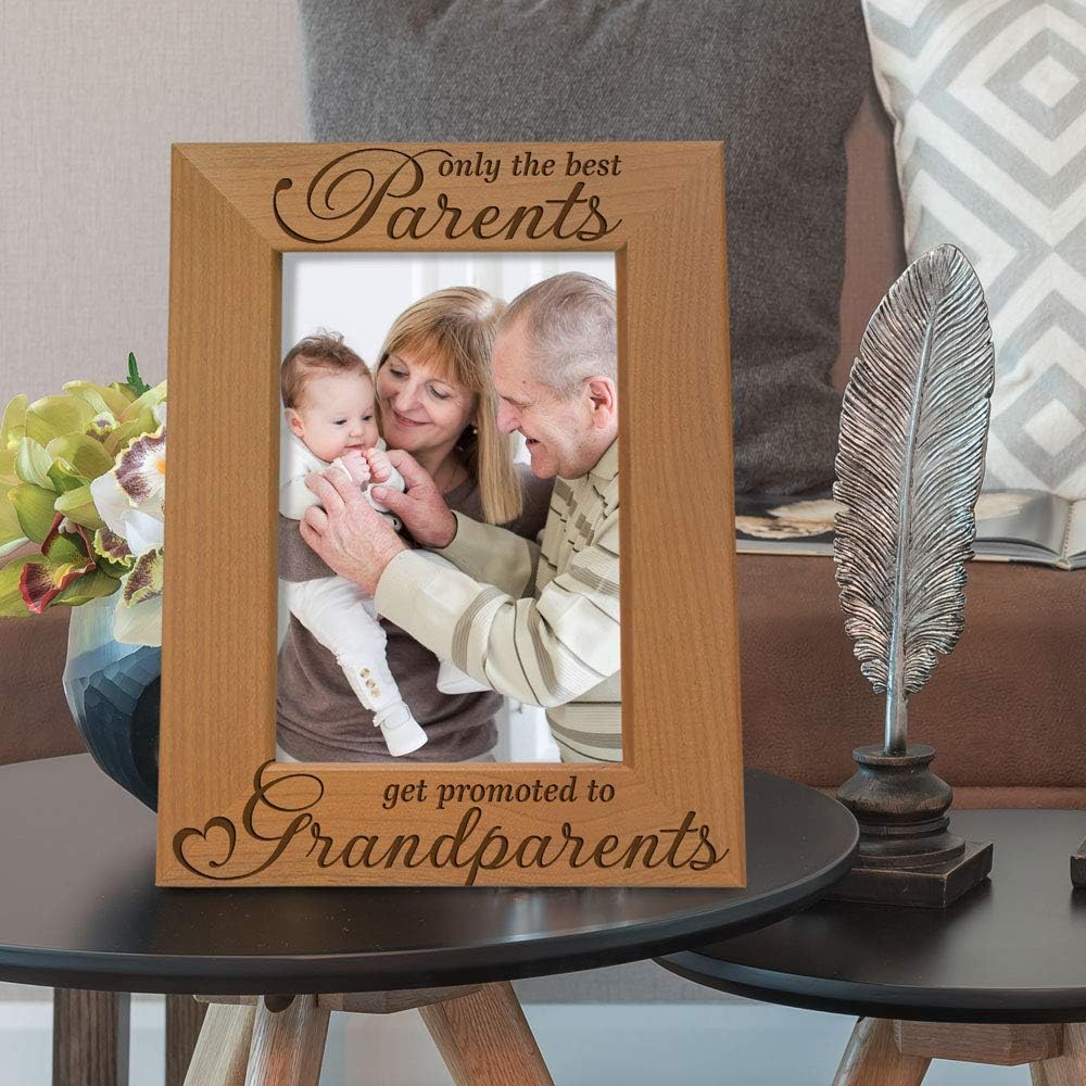 KATE POSH - Only The Best Parents get Promoted to Grandparents Picture Frame - Engraved Natural Wood Photo Frame - Grandma Gifts, Grandpa Gifts, for Grandparents (5x7-Vertical)