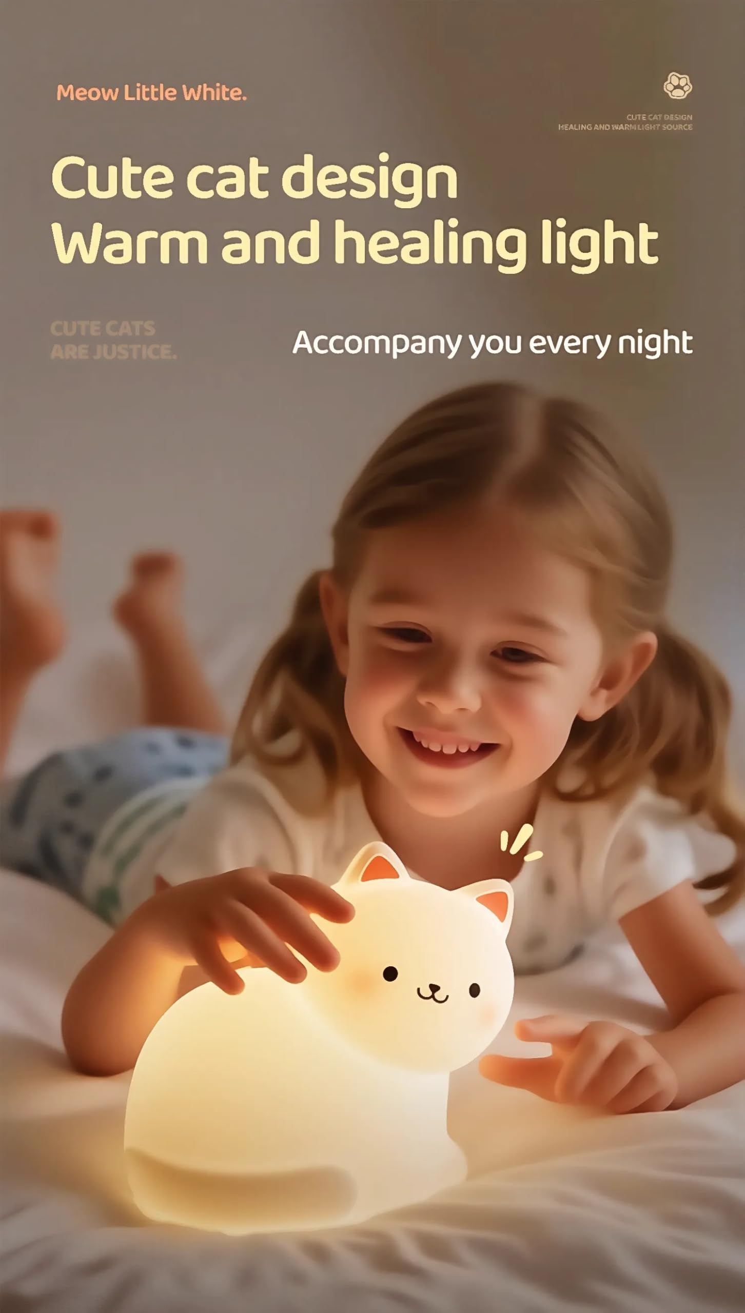 Luz nocturna de gato para niños, bonita lámpara de noche de gato, recargable, regulable, luz nocturna LED de silicona con 7 colores, lámpara de temporización, regalo kawaii, cumpleaños
