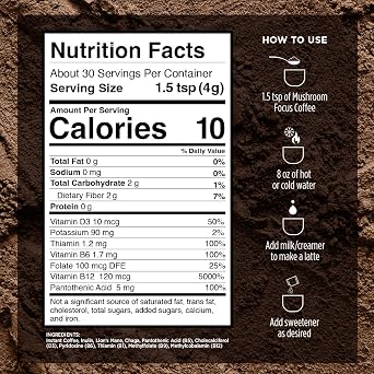 VitaCup Mushroom Instant Coffee For Memory & Clarity Support, 2 Bags | 100% Arabica, Medium Roast with Fiber, Chaga, Lions Man, D3 & B Vitamins