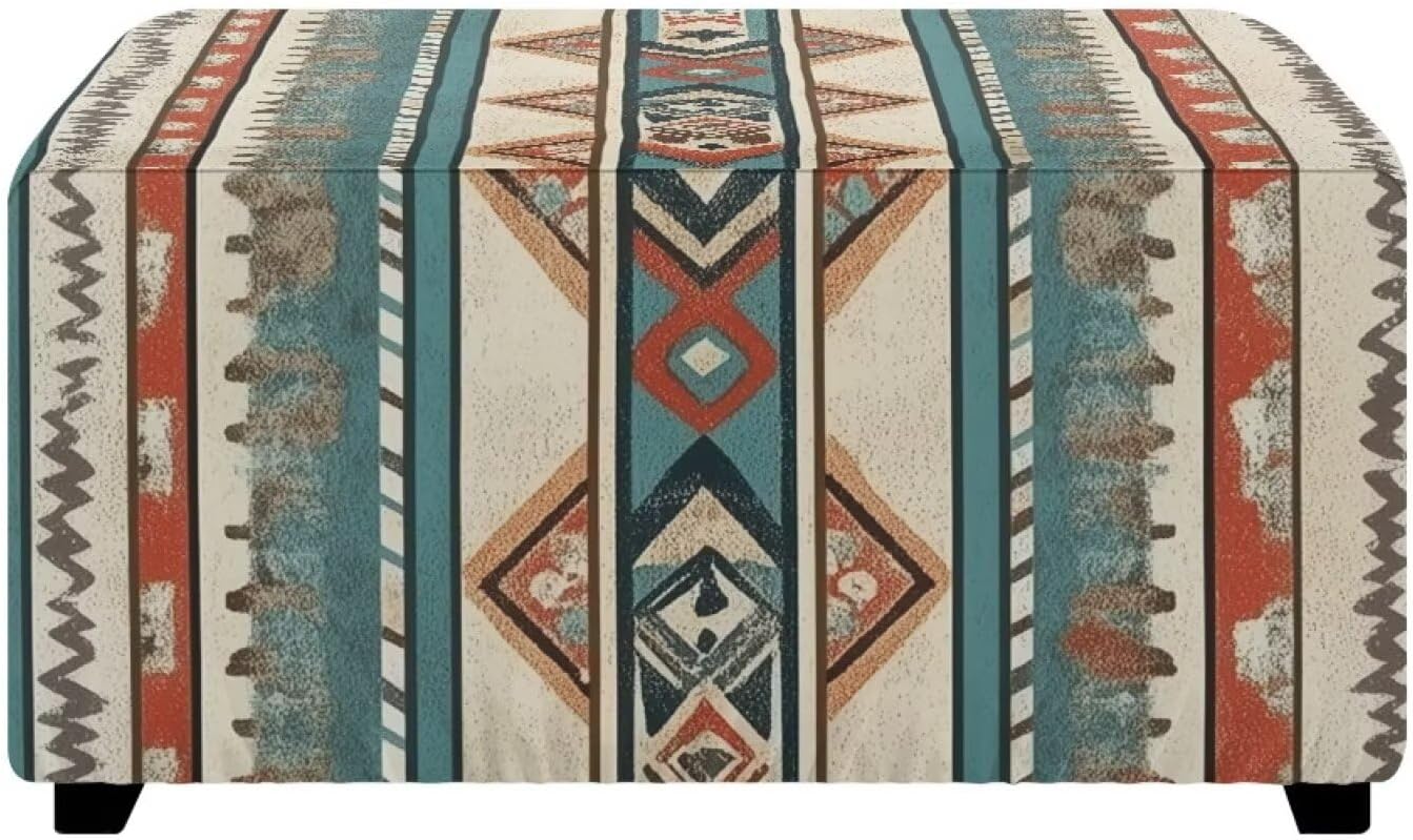 Western Aztec Native Stretch Ottoman Cover Dustproof Ottoman Slipcovers for Foot Stool with Nonslip Elastic Bottom Tribal Geometric Decor 30” x24”x15”