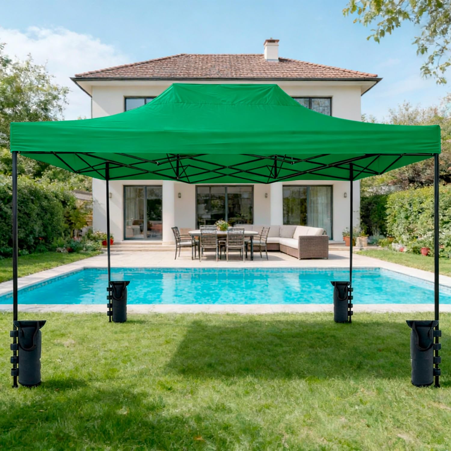 Gazebo Professionale 3x4.5 M Richiudibile Automatico In Acciaio Con Telo Oxford 1200D PVC Impermeabile e Anti UV Struttura a Fisarmonica con Sacche Zavorra e Borsa Trasporto Sagre Feste (Verde)