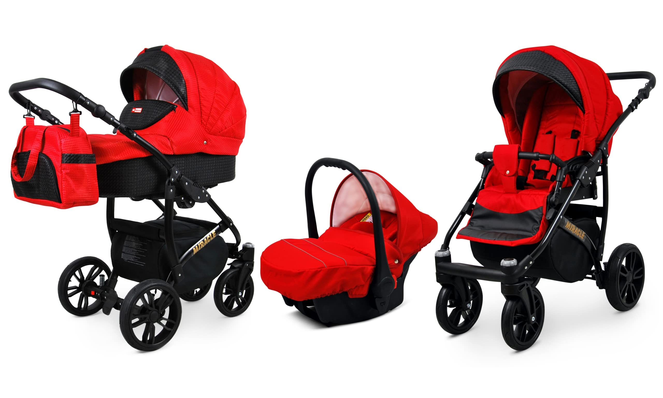 BabyLux® Zestaw wózków dziecięcych 3 w 1 – Miracle – w zestawie wanienka dla niemowląt, fotelik sportowy, fotelik samochodowy – zestaw wózków dziecięcych z torbą do przewijania, osłoną