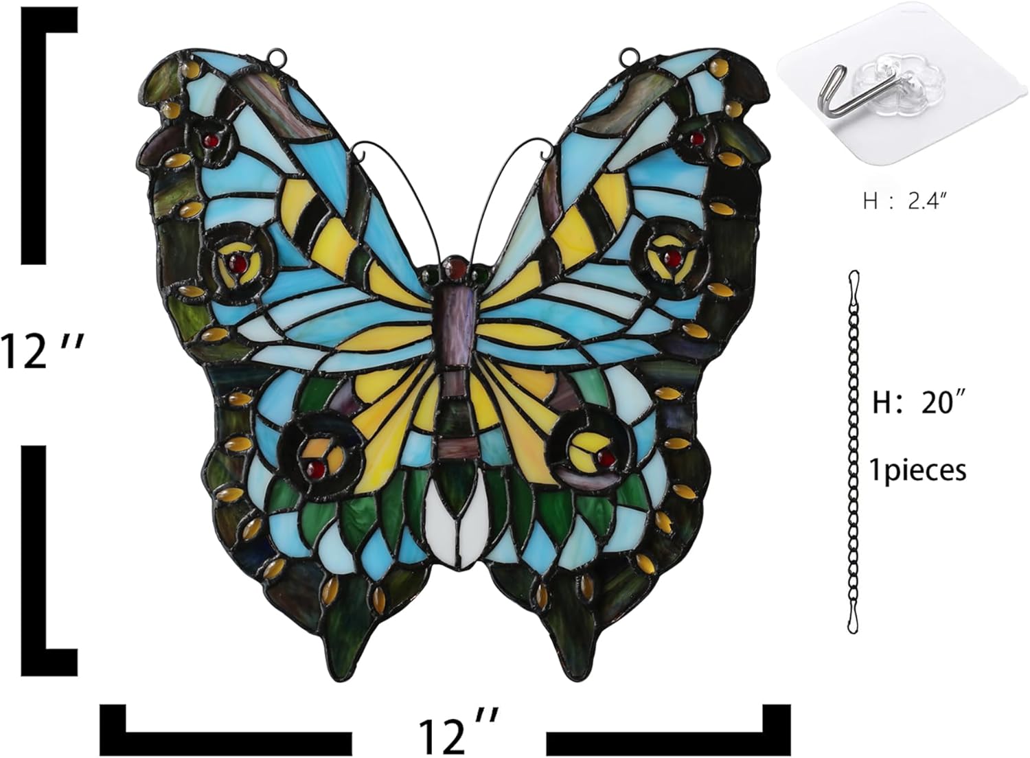 YOURANJU Butterfly Stained Glass Window Hanging Tiffany Style Handmade 12" Green Window Panel for Living Room Bedroom Kitchen Window Decoration Hangings with Chain