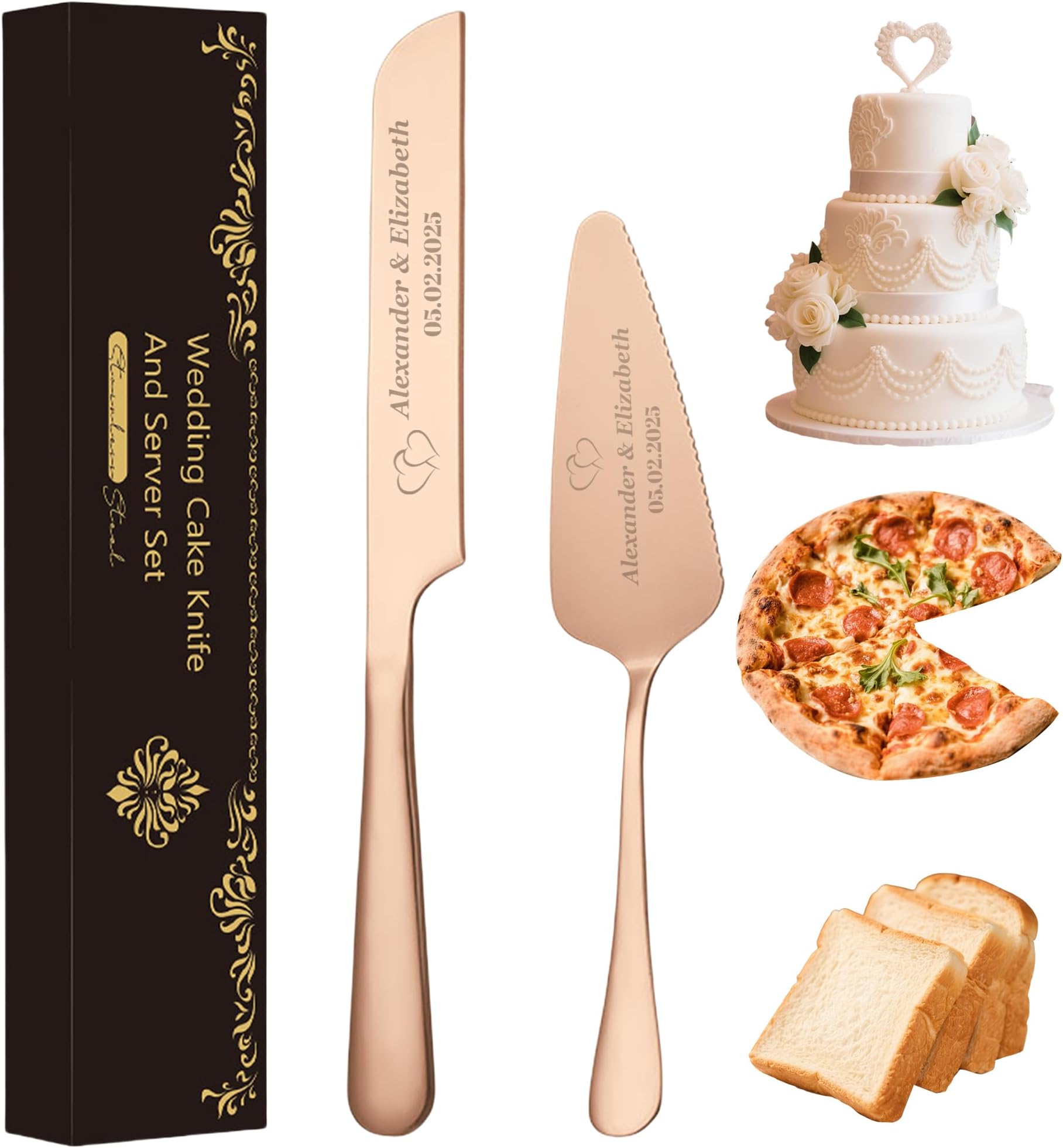 Personalized Wedding Cake Knife & Server Set with Custom Engraved Names, Elegant Stainless Steel Bridal Cake Cutting Set for Wedding, Anniversary, Birthday, Graduation Gifts