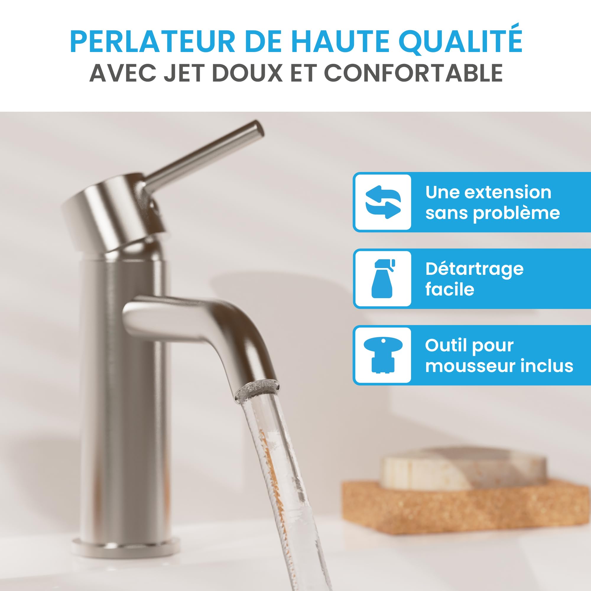 Bächlein Susara Robinet de salle de bain avec bec incurvé, design mitigeur monocommande avec cartouche en céramique durable et kit de montage, robinet de salle de bain en acier inoxydable brossé