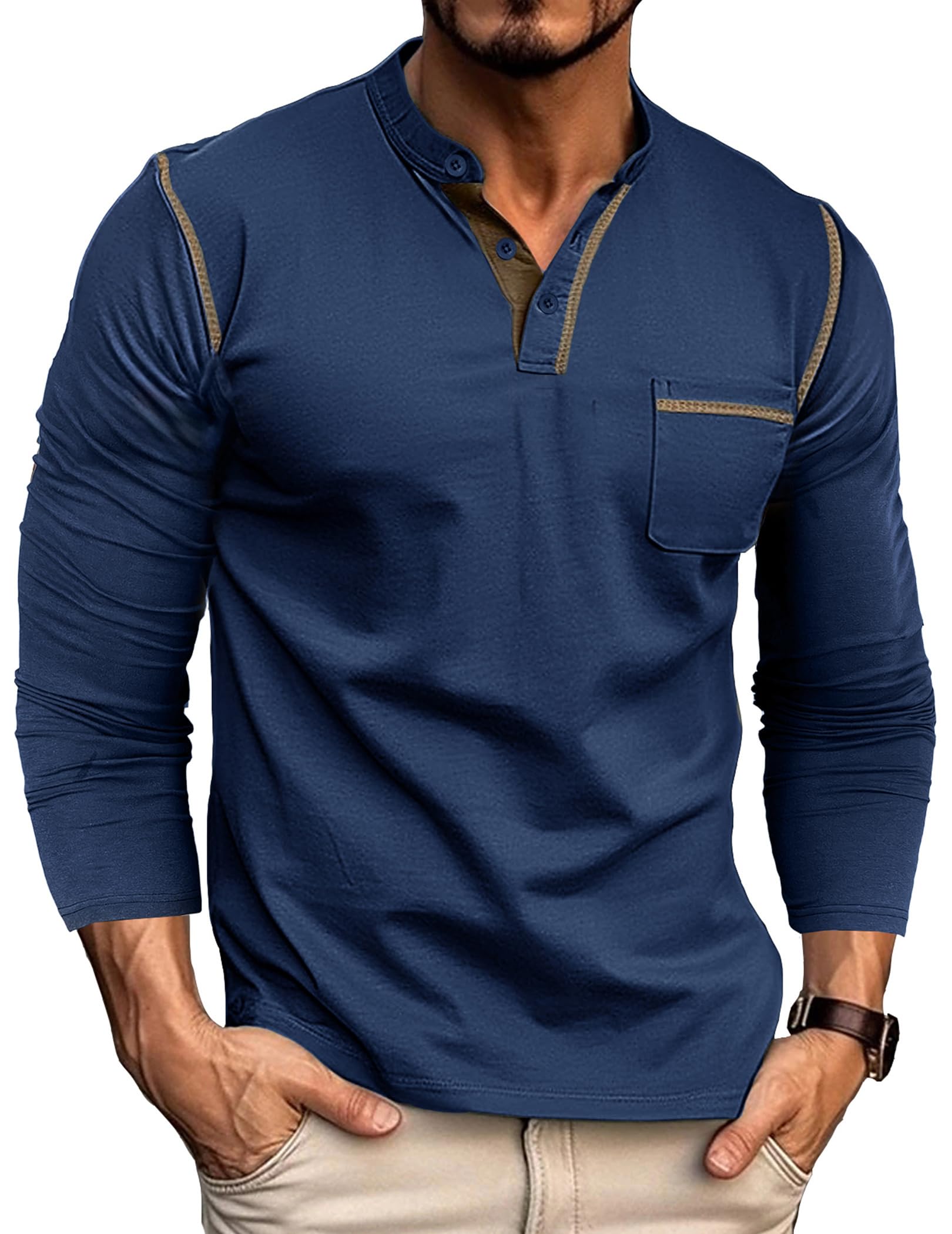 T Shirt Manche Longue Homme Tee-Shirt Coton Henley T-Shirts Casual Boutonné Tshirt Regular Fit