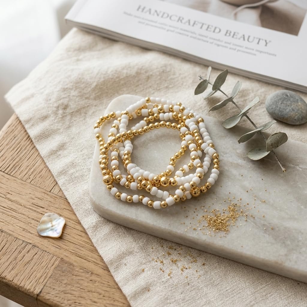 Gold Beaded Bracelets Stack Set for Women Handmade Summer Beach Jewelry Gift image 5