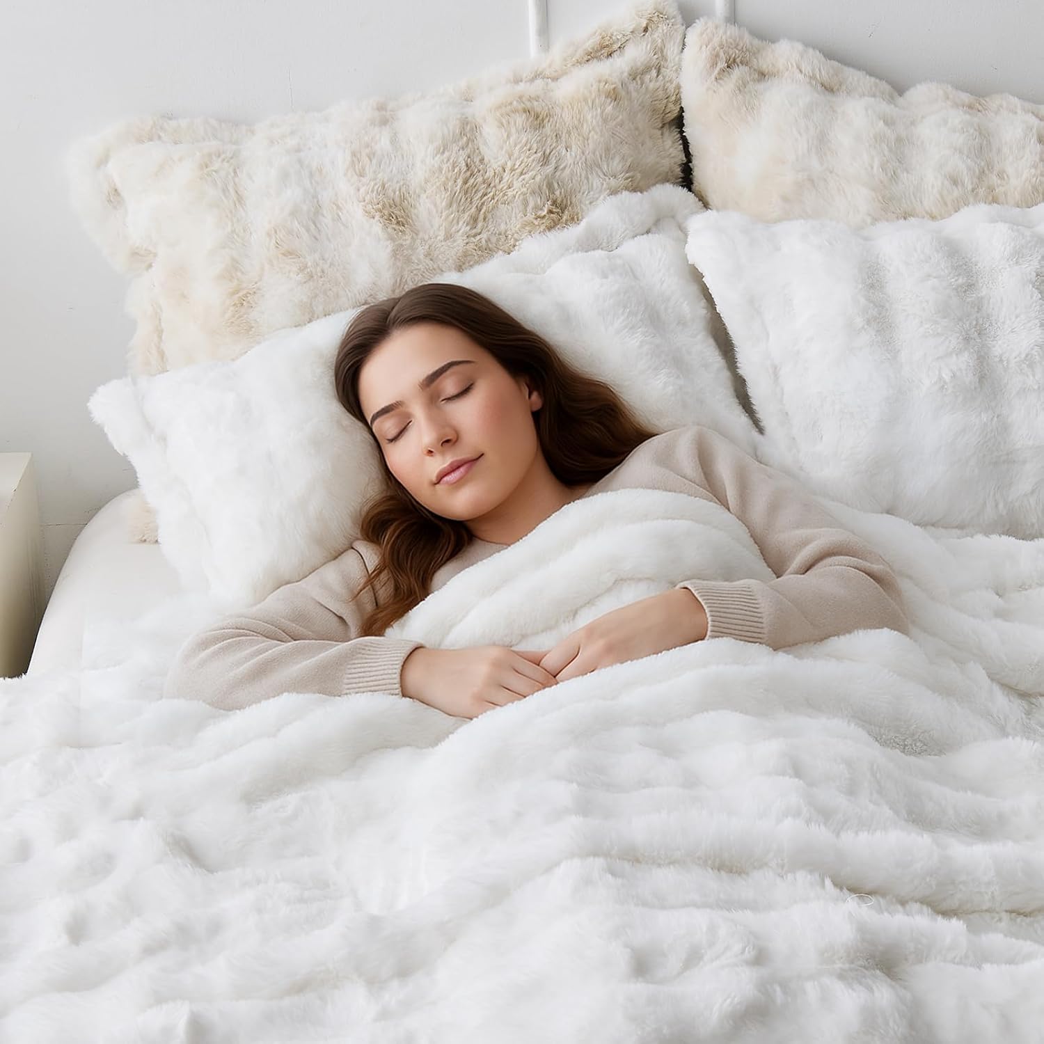 Peace nest Fluffy Rabbit Faux Fur Bedding Queen Comforter Set Ultra Soft Plush Winter Solid Bubble Sherpa Reversible Comforters 3 Pieces Sets with 1 Comforter 2 Pillow Shams White - Image 4