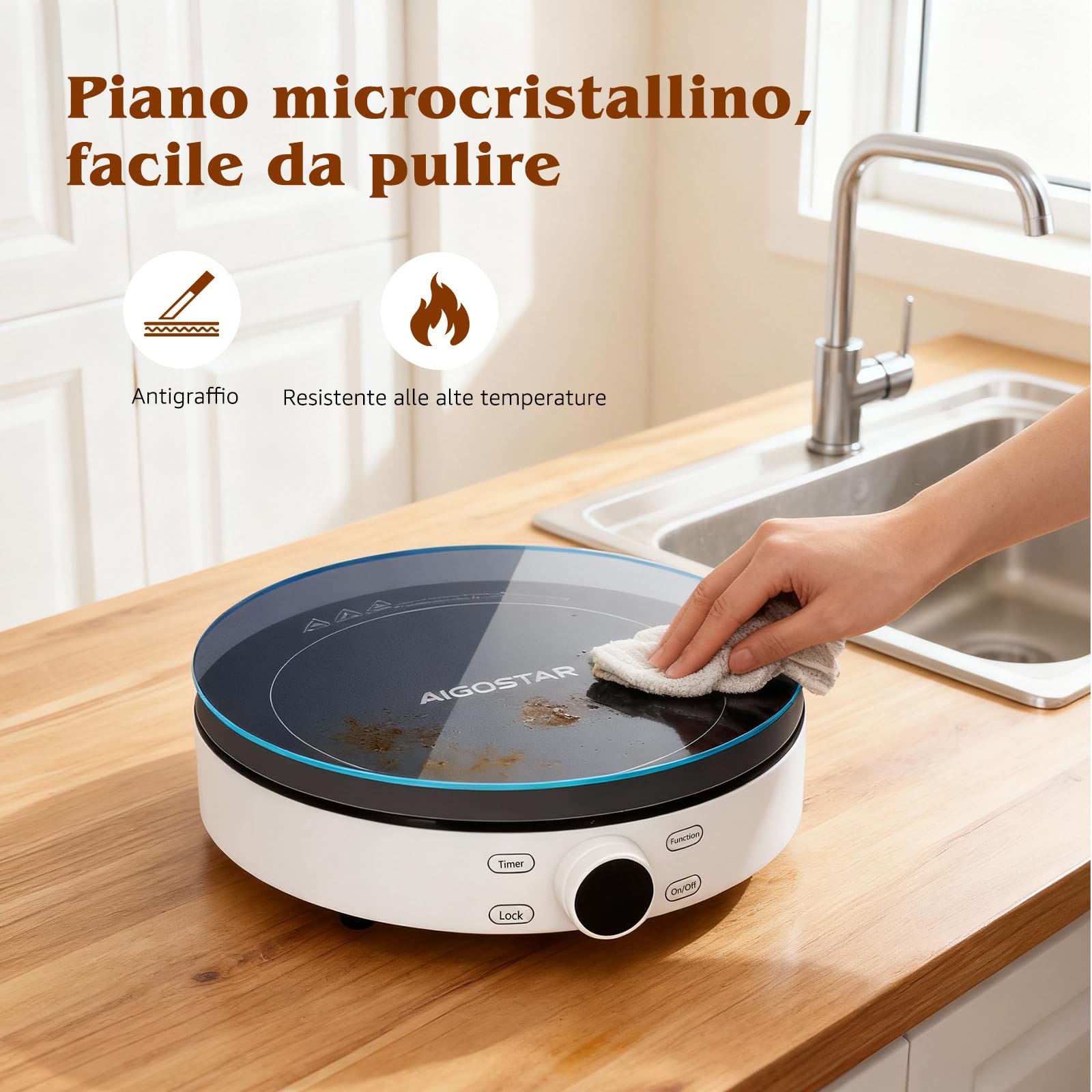 Aigostar Piastra ad induzione, 2100 W, fornello a induzione in vetroceramica, 9 Livelli di Potenza, Display Digitale a LED, controllo touch sensor e blocco di sicurezza, spegnimento automatico, Timer