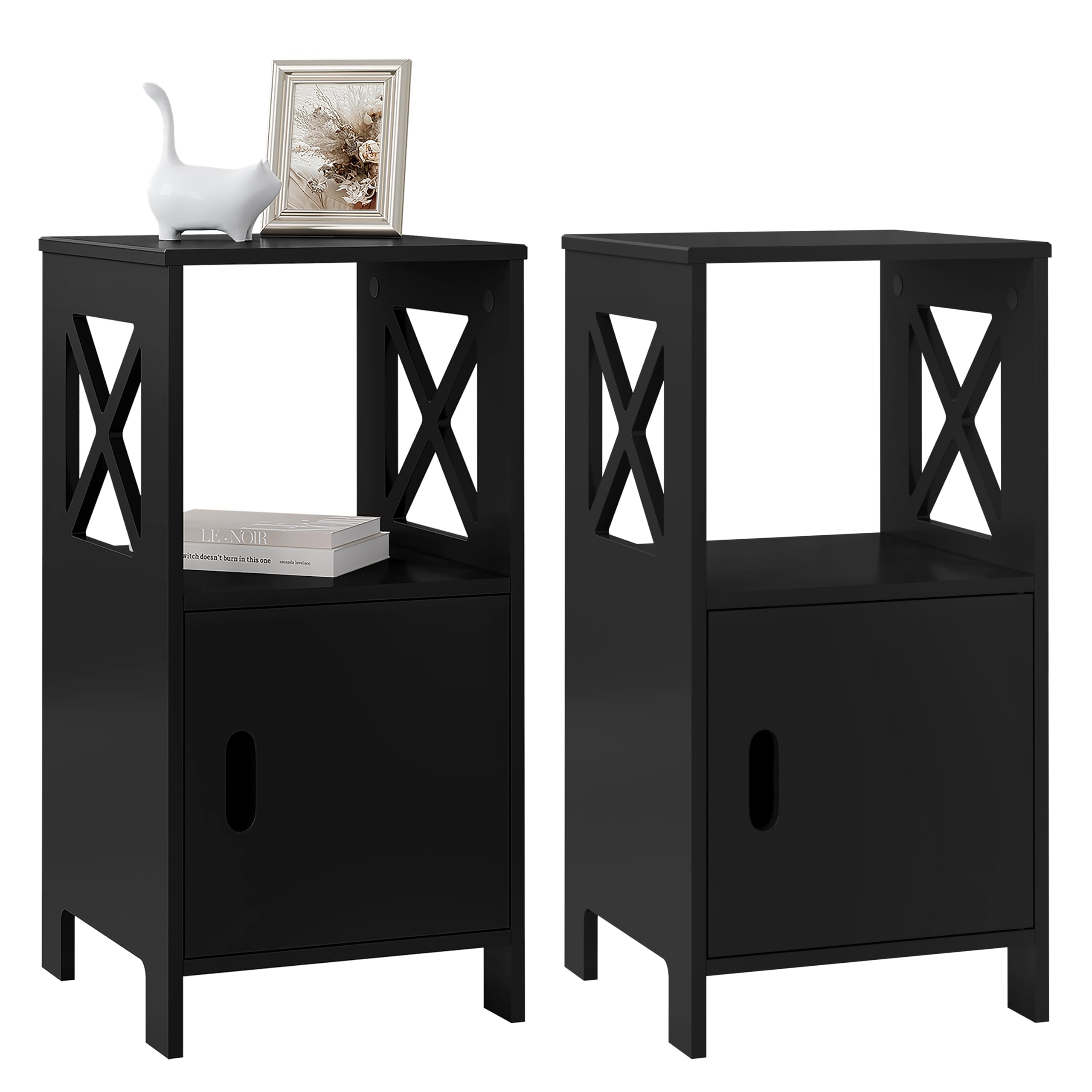 WOLTU Bedside Tables set of 2, with Open Compartment, Bedside Cabinets Modern, 30x30x60cm, Hidden Storage, bedroom, Coffee Table Living Room Side Table, Black, TSR166sz-2