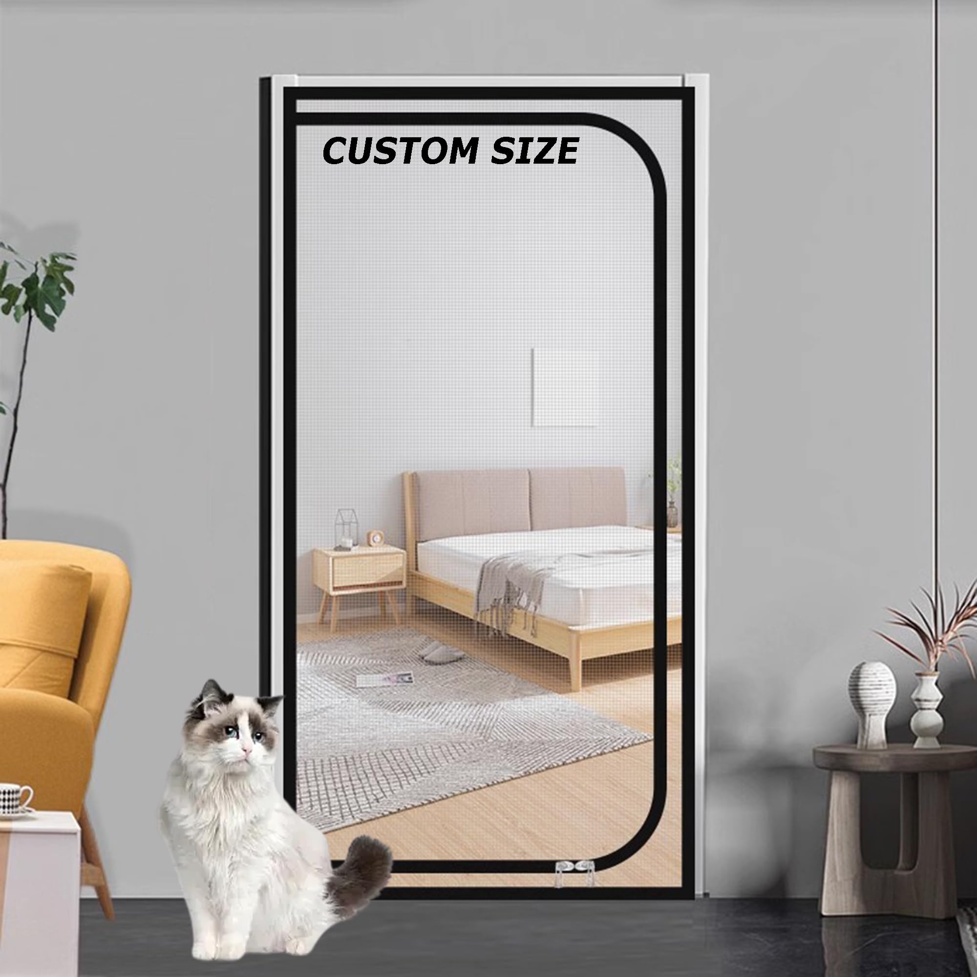 Xxiudee Grey Custom Size Fly Screen Mesh, Self-Adhesive Cat Screen Door, Dog Cat Scratch Proof Screen With Double Side Zipper, Suitable For Living Room Bedroom Kitchen (W*H:90 * 200Cm)