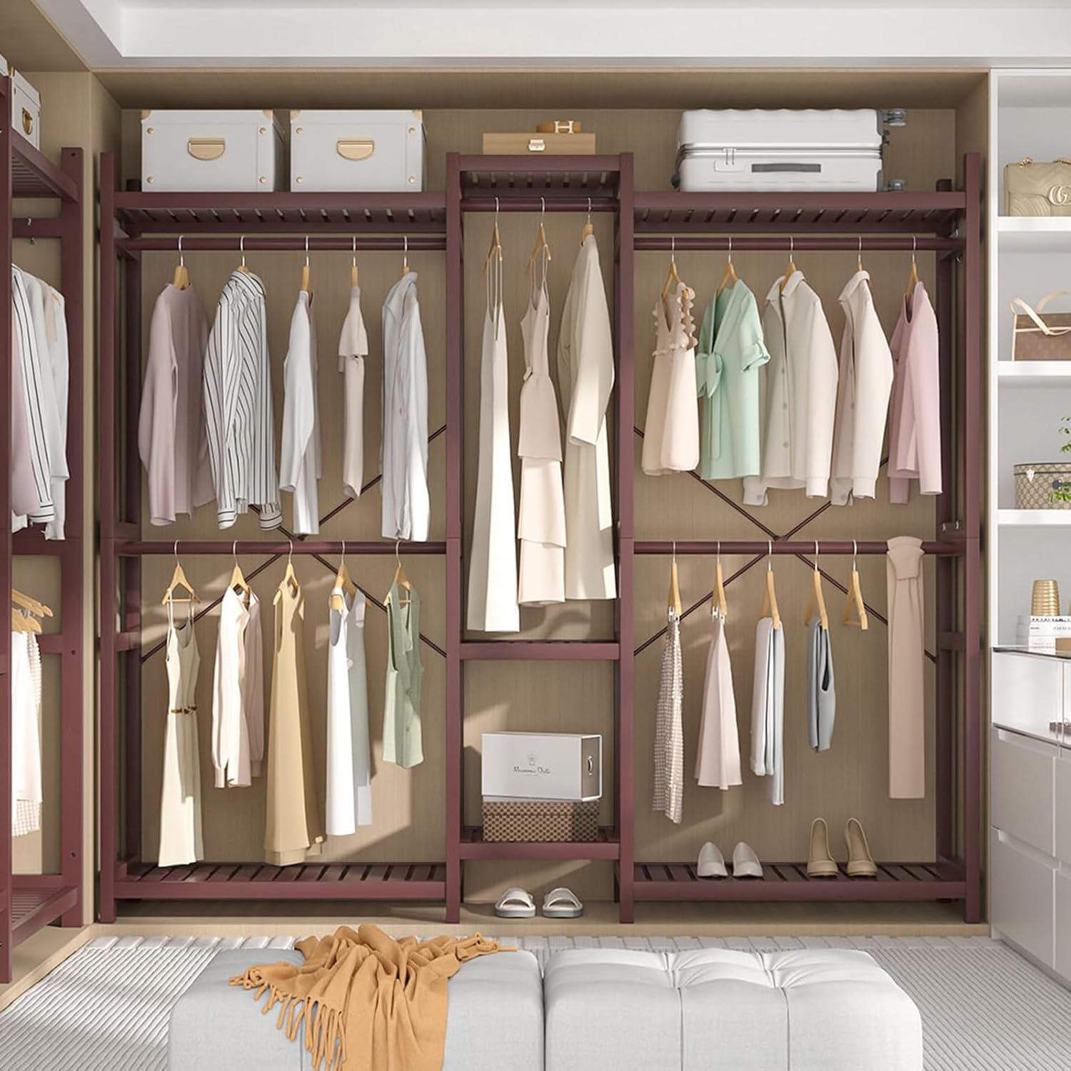 Homykic Bamboo Closet System, Large Clothing Rack for Hanging Clothes, Freestanding Clothes Rack with 7 Shelves & 5 Hanging Rods, Open Wardrobe Closet Organizer Garment Rack with 4 Hooks, Espresso