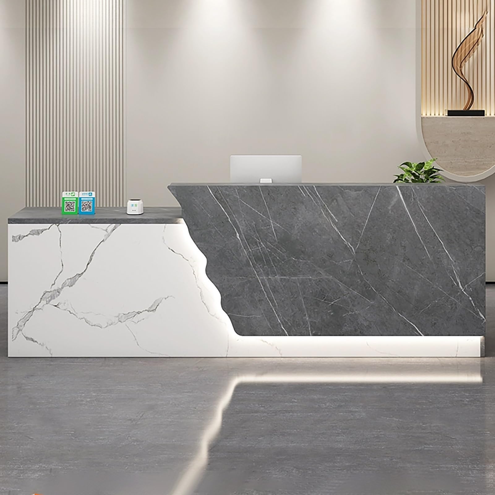 Genérico Mostrador de recepción Moderno y Elegante con cajón con Cerradura y Bandeja para Teclado, Mesa de mostrador para comercios con Acabado en mármol (140x60x100cm),