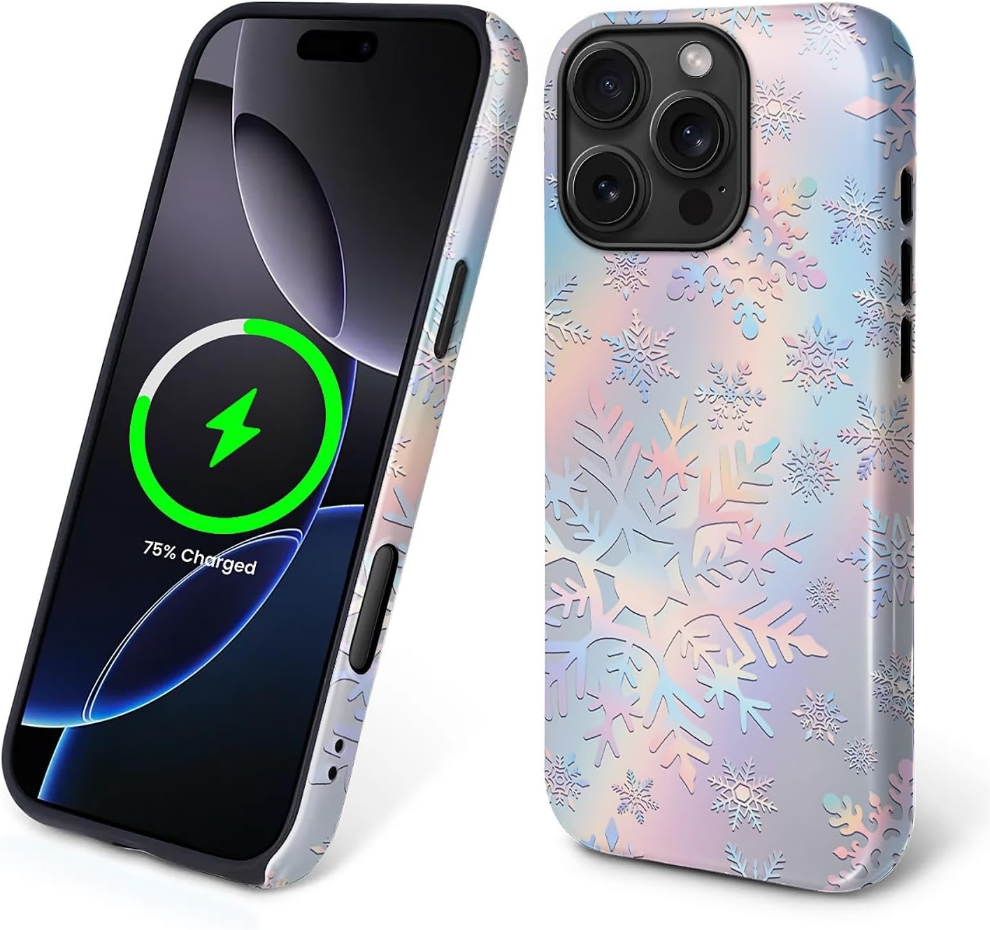 Case for iPhone 16 Pro [Compatible with MagSafe], Glossy Soft Silicone + Hard PC Anti-Scratch Shockproof Protective 2-in-1 Case for Women Men - Snowflakes