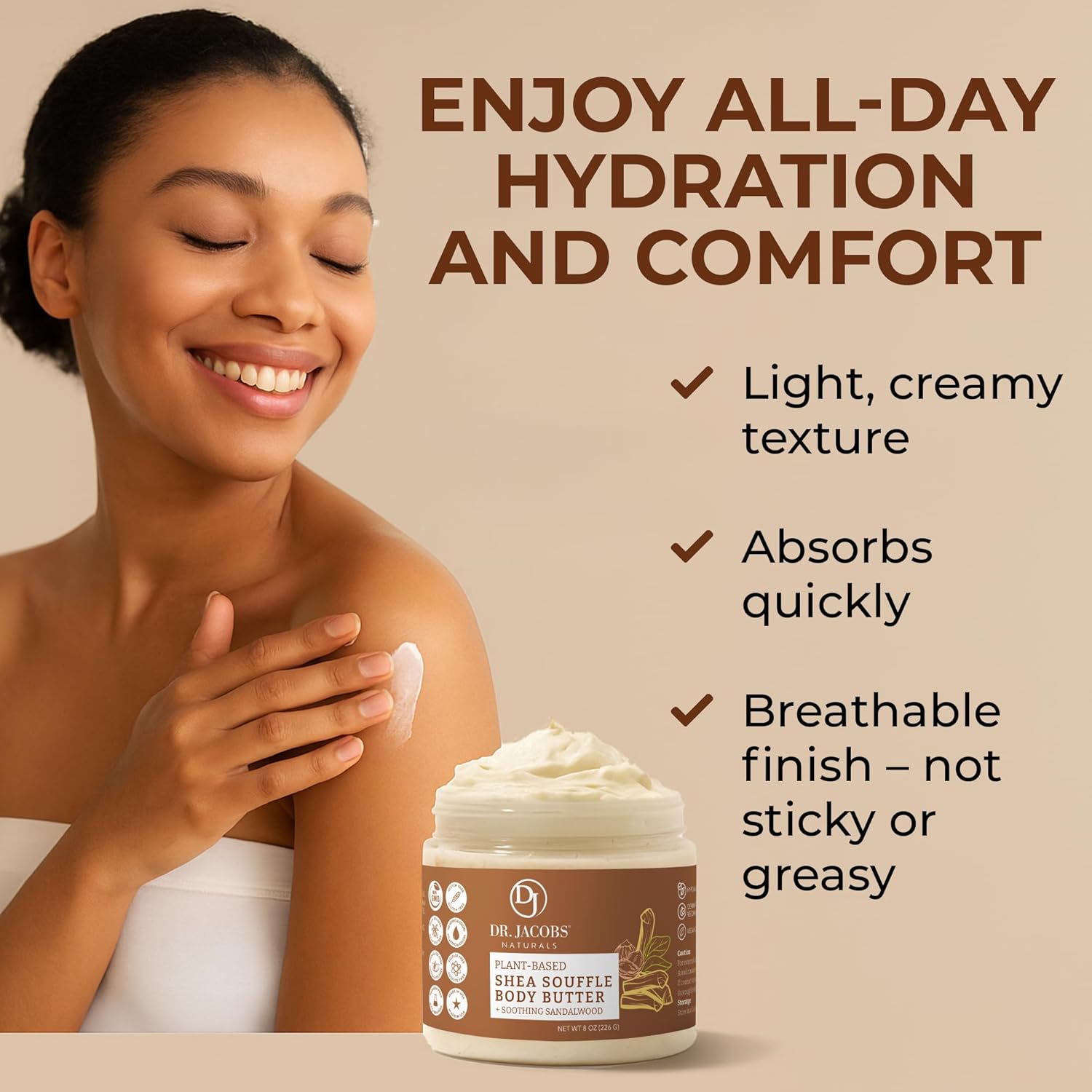 Dr. Jacobs Naturals Shea Soufflé Body Butter for Men and Women - Whipped Shea Butter for Skin Moisture and Softness Without Thick, Greasy Feel - Plant-Based Gentle Formula with Soothing Sandalwood