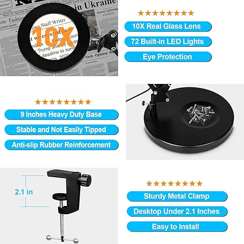 Miniatura 4 de NUEYiO - Lupa de 10 veces con luz y soporte, lupa 2 en 1 con base de metal resistente con luz, lámpara LED de 2200 lúmenes, lupa iluminada con brazo