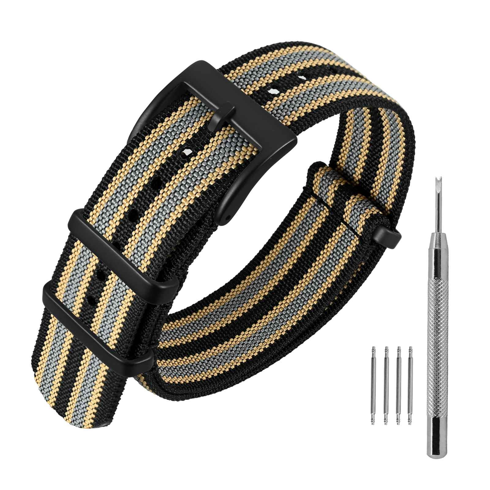 [ANNEFIT] 時計ベルト 22mm 一本通しナイロン時計バンド ミリタリー腕時計替えバンド ブラック・カーキ・グレー/ブラックバックル