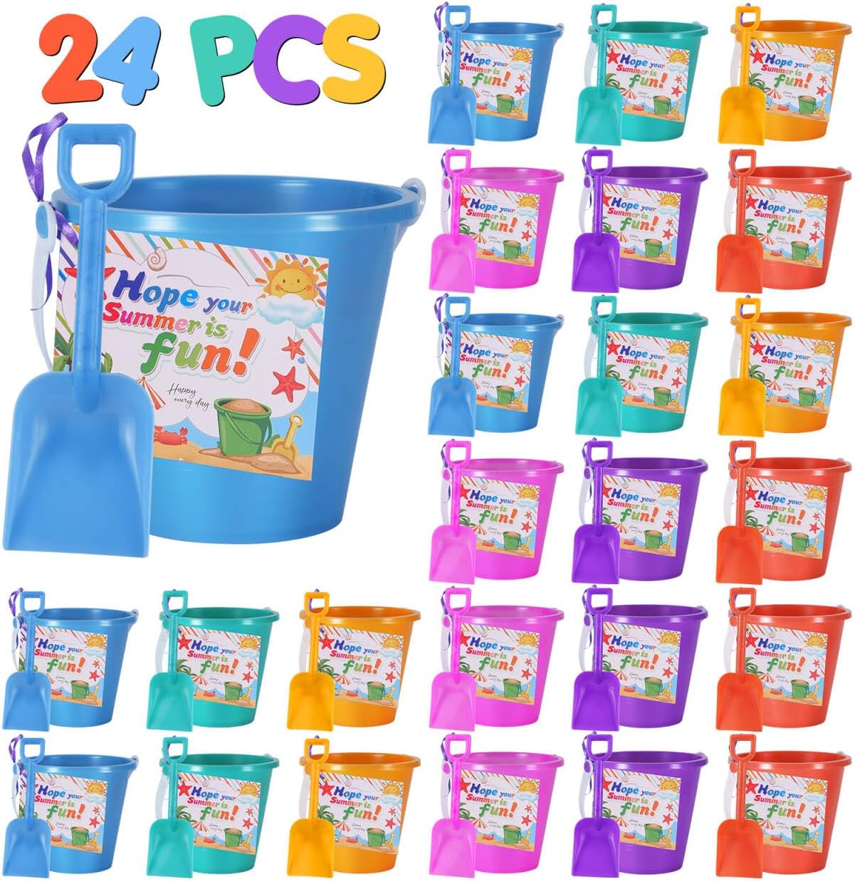 5'' Inch Sand Beach Buckets Pail with Shovels,Water Bucket for Beach Fun Great Summer Party Accessory with Postcards Ribbons Set