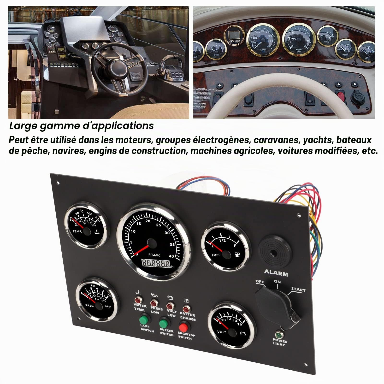 Aramox Tableau de Bord Marin 5 Jauges, Tachymètre Température Carburant Pression Huile Voltmètre, Rétroéclairage Rouge LED, IP67, 300x190mm, pour Bateau Yacht