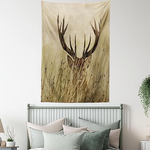 Miniatura 5 de Ambesonne Tapiz de cornamentas, cervatillo de ciervo de cola blanca en el desierto en el campo, tema de caza rural, colgante de pared