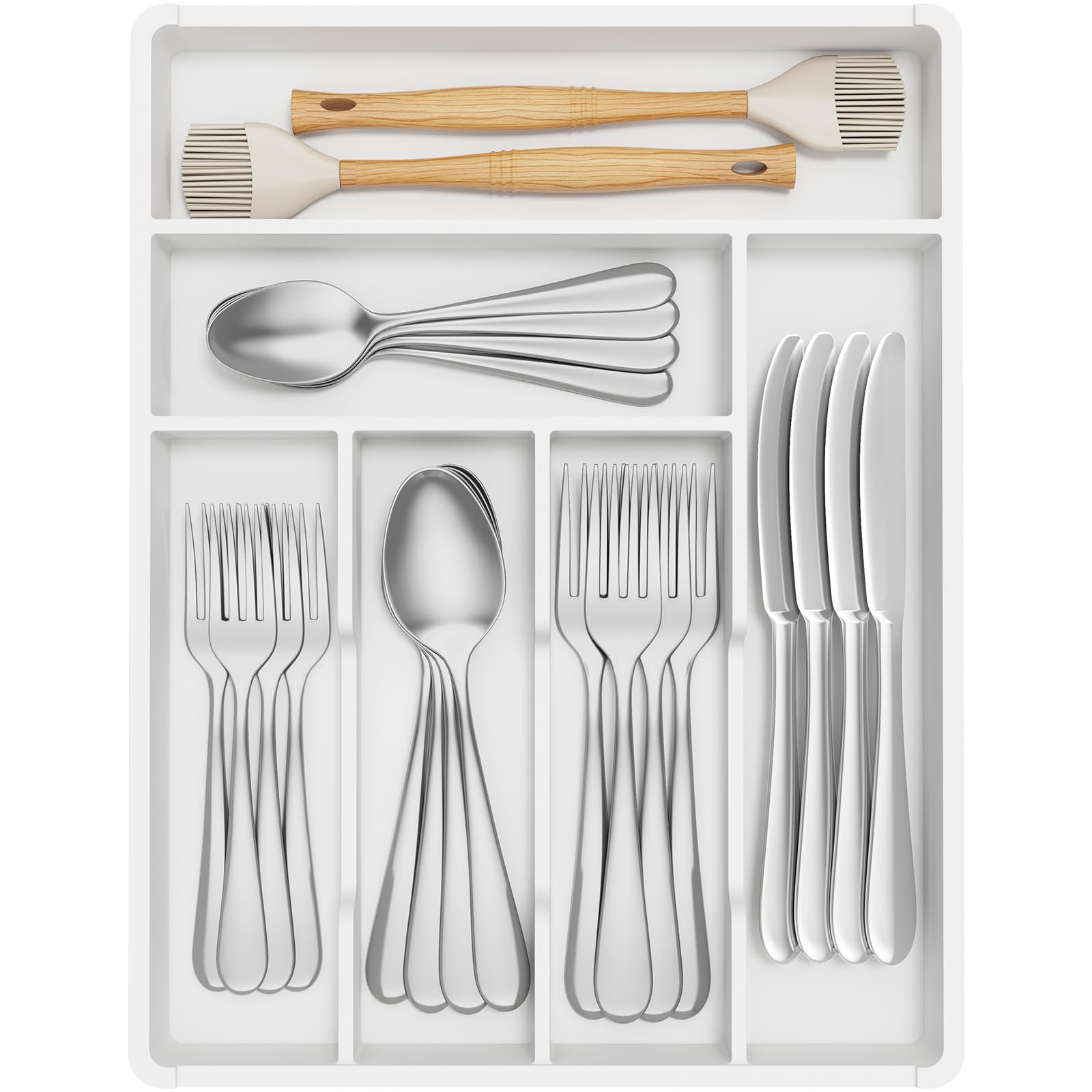 Lifewit Cutlery Drawer Organiser,Plastic Cutlery Tray for Kitchen, Small Flatware Silverware Knife & Fork Organiser for Deeper Drawer, Kitchen Countertops Tableware Holder,6 Compartment, White