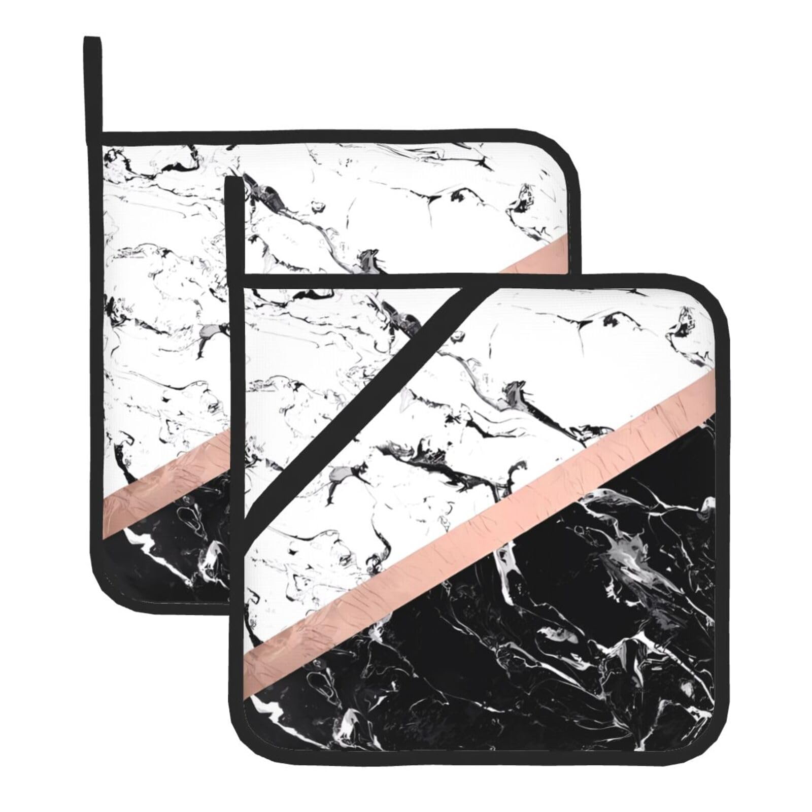 WHJDPP Black White Marble Prints Square Hot Pads for Kitchen - Waterproof Pot Holders Set of 2, Durable Trivets with Pocket & Hanging Loop for Hot Dishes & Oven Use