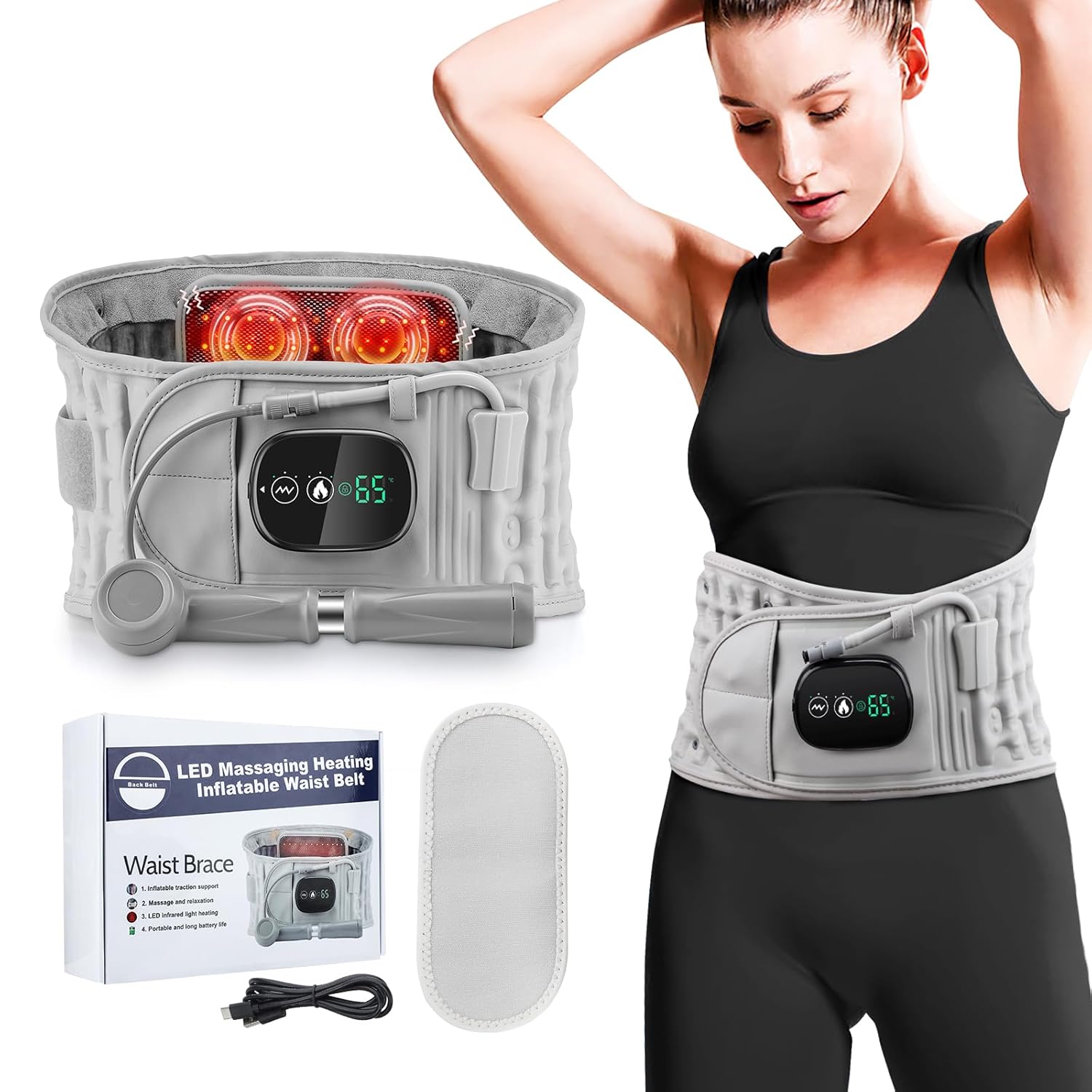 Decompression Back Brace with Red Light Therapy & Heat - 3-in-1 Lumbar Support Belt for Pain Relief, Adjustable Spinal Traction Device with Vibration Massage, Cordless Heating Pad for Men & Women