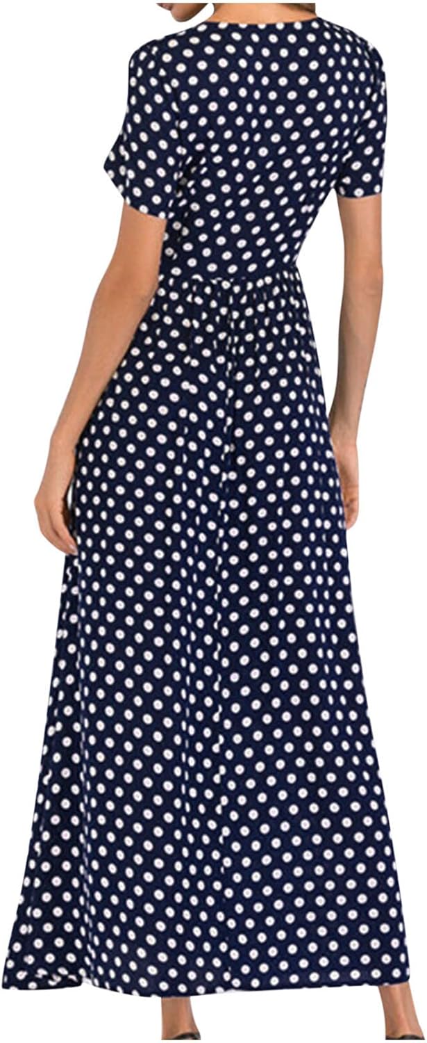 Maxi Dress for Women Boho Summer Polka Dot Print Casual Short Sleeve Long Dresses Flowy Swing Beach Sundress - Image 5