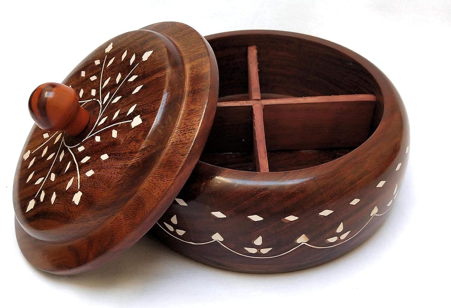 Wooden Dry Fruit Storage Box with Lid, Brown, Sheesham Wood, Hand Carved Floral Pattern, Round Shape, 4 Compartments, 12x12x16 cm-image-26