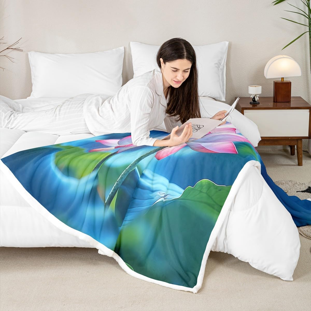 Lotus Blanket Throw Lotus Blooms In Hazy Tones Plush Bed Blanket Throw Size Flower Summer Theme Bedding Set For Kids Girls Teens Pink Floral Petal Fleece Blanket Decorative Sofa Couch, Blue
