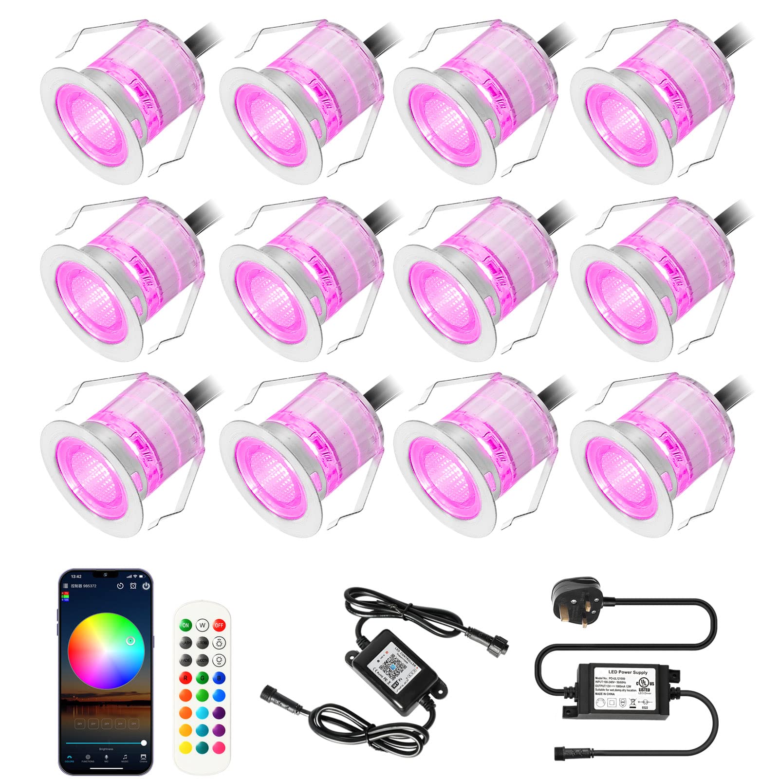 INDARUNRGB WiFi Led Decking Lights Outdoor Waterproof IP67 Ø30MM 12V - Led Plinth Light Kits for Terrace/Patio/Path/Wall/Garden/Decoration, Lot of 12