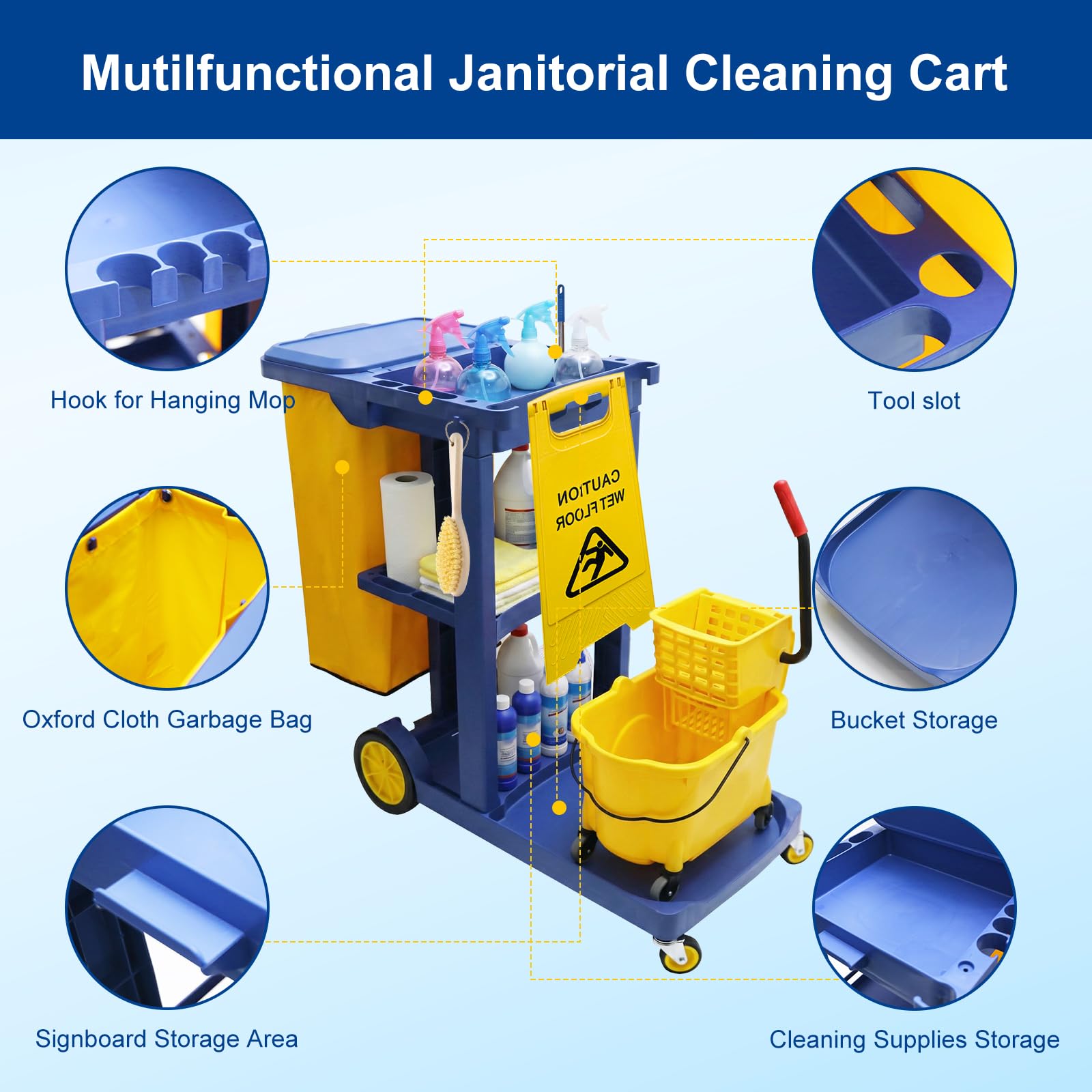 Carro de limpieza con ruedas, carrito de limpieza profesional con 3 estantes y bolsa de basura extraíble, carrito de servicio para hotel, oficina, hospital, hogar
