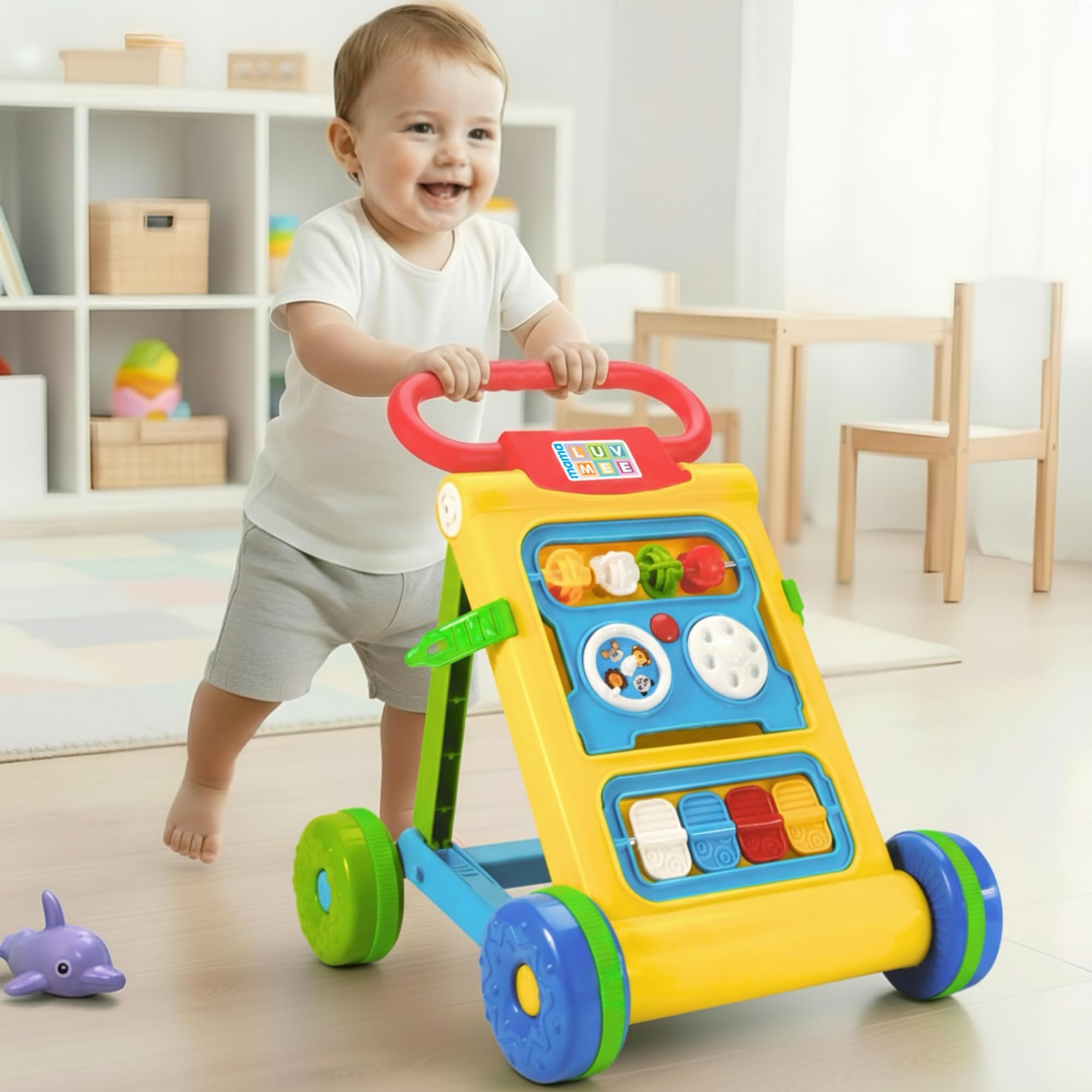 Mama Luv Mee Baby Activity Walker for Babies 6 to 18 Months - Foldable Musical Learning Push Walker with Recreational Toy Bar (Yellow)