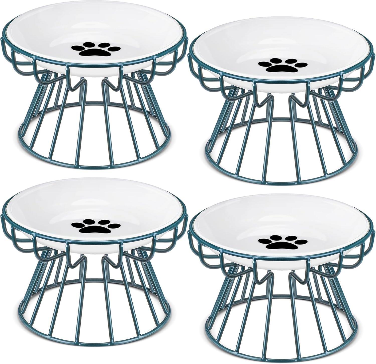 Roshtia 4 Sets Elevated Cat Bowls Ceramic Raised Cat Food Bowls with Metal Stand Dishwasher Safe Dishes Non Slip Elevated Food Plate(Black,Paw)