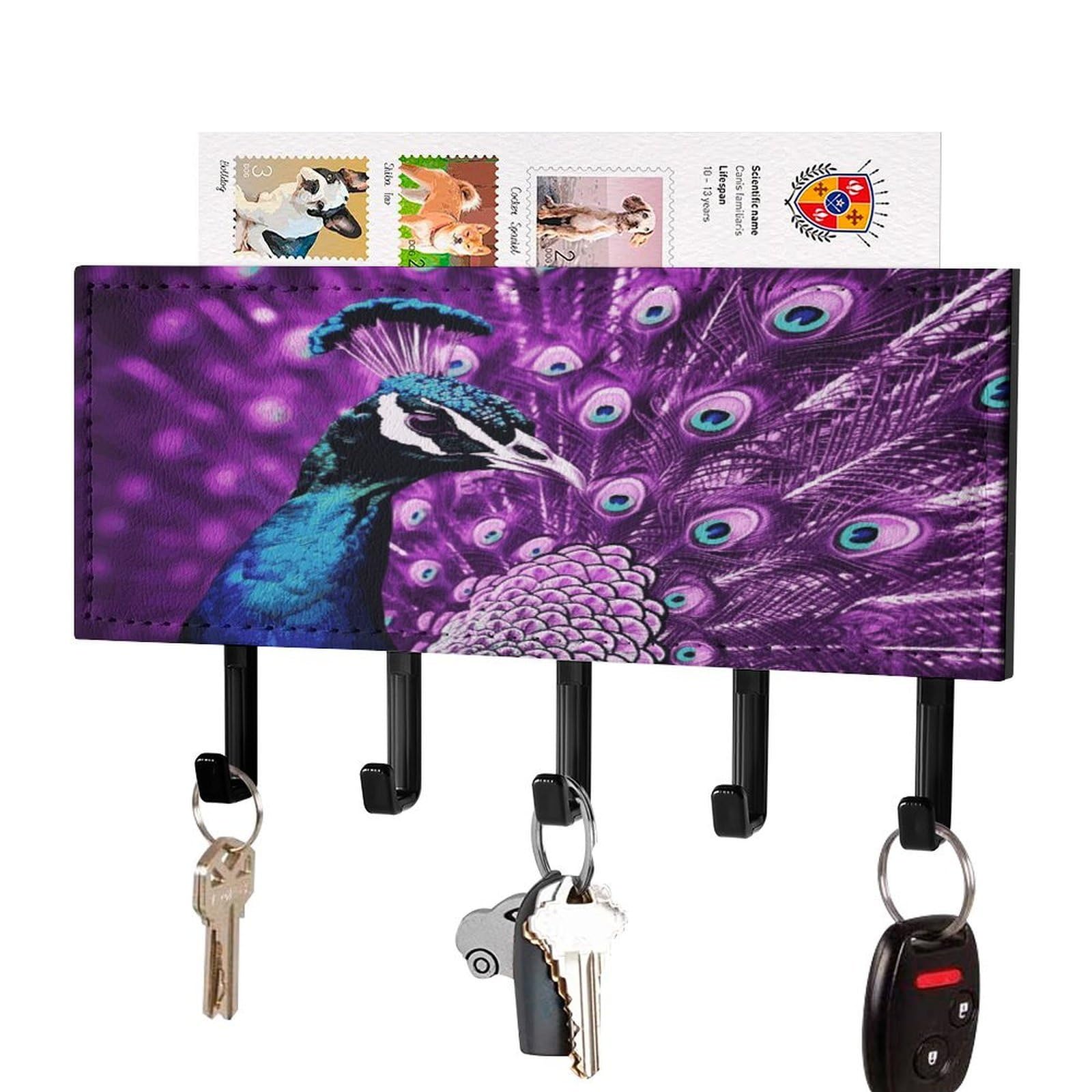 FekiLoot Purple Peacock Key Holder Wall Mount Key Hooks for Wall Decorative with 5 Hooks PU Mail Rack Organizer with Shelf for Entryway Mudroom Hallway Office 7.1X4.3 in