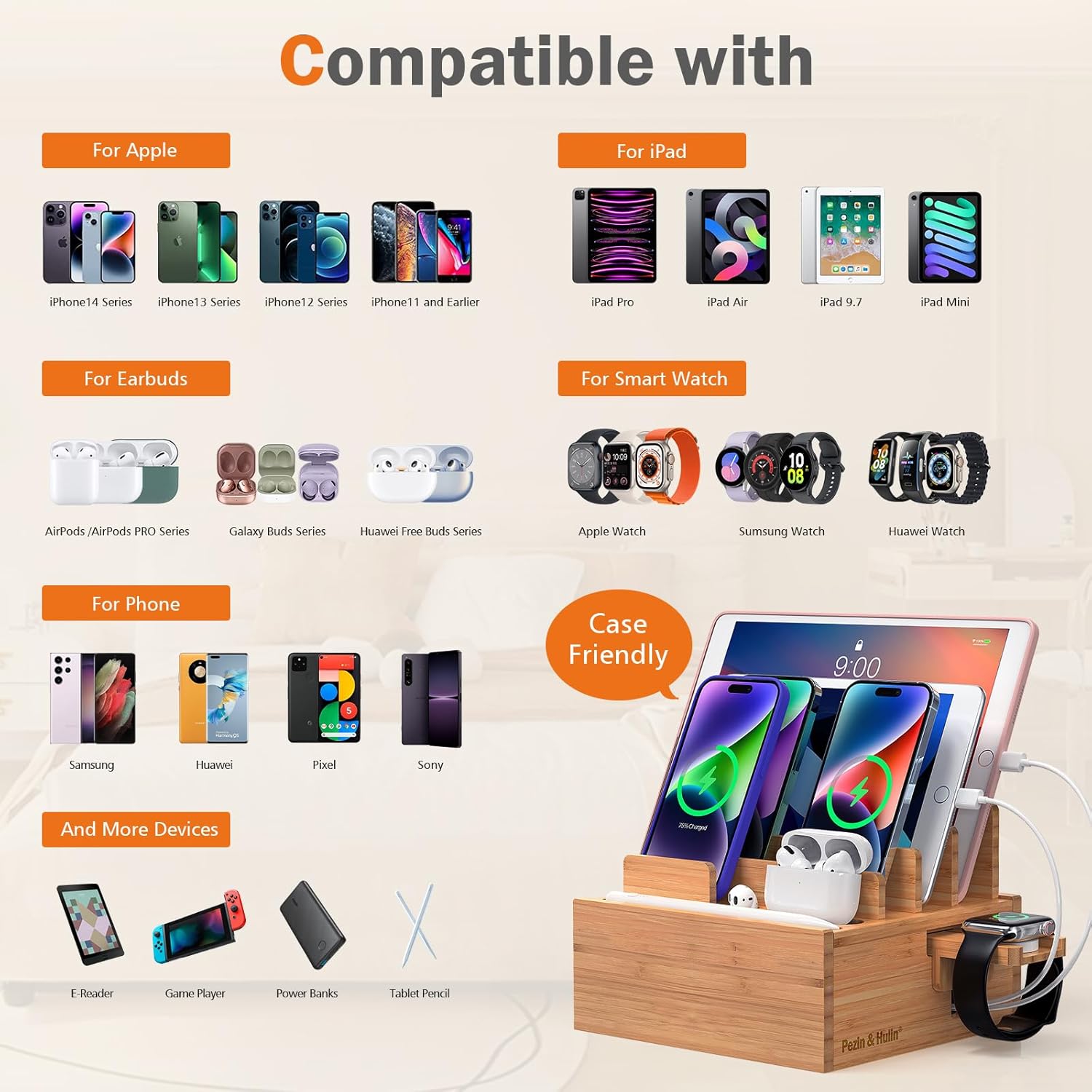 Pezin & Hulin Bamboo Charging Station for Multiple Devices Include 5 Port USB Charger, 5 Cables, Desktop Organizer for Phones, Tablet, Wooden Docking Stations