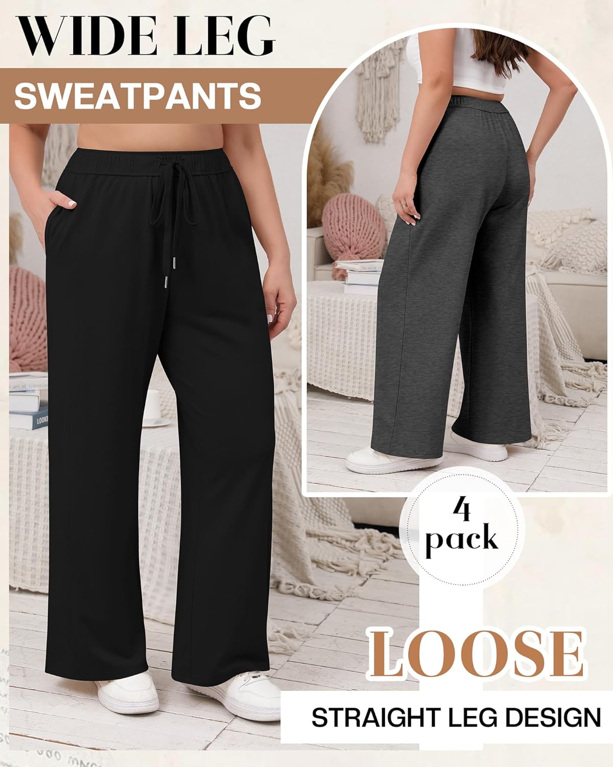 4 Pack Women's Plus Size Wide Leg Lounge Pants High Waisted Drawstring Sweatpants Elastic Casual Pants with Pockets - Image 6
