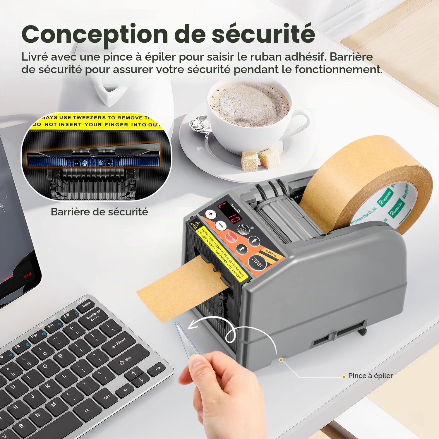 Bonvoisin Dévidoir automatique de ruban adhésif, coupe maximale de 39 "x2.36", applicable aux rubans adhésifs double face, avec modes manuel et automatique, mémoire de réglage de la longueur (EU) | Largeur 6-60, Longueur 5-999 Mm, Avec Mémoire De Réglage