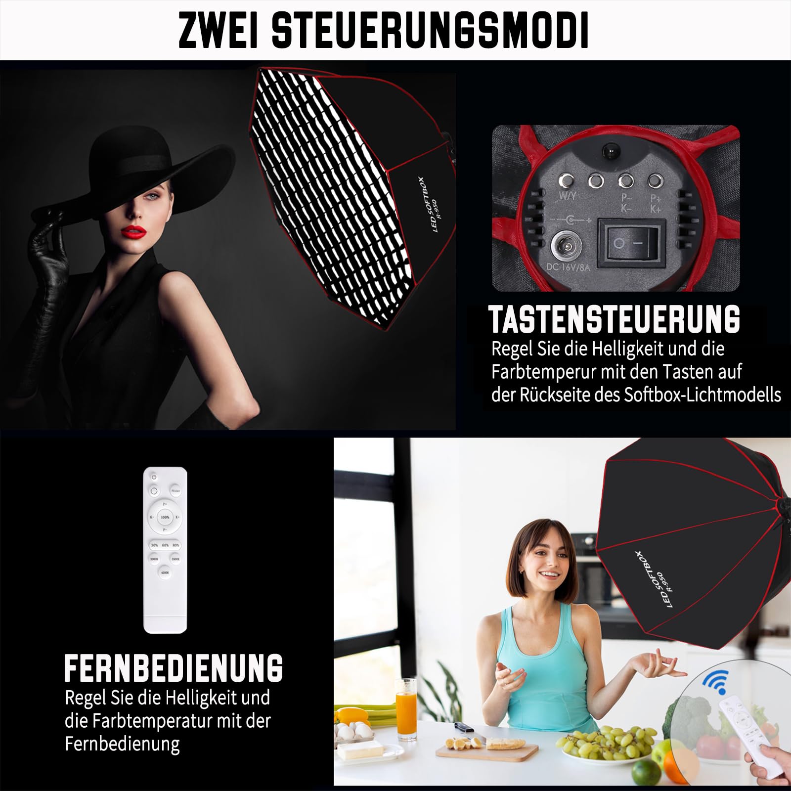 110W Softbox-Beleuchtungsset, 95 cm großes achteckiges Parabol Softbox mit Wabengitter/Fernbedienung/Lichtständer, für Fotografie, Studio-Aufnahmen, Porträtsfotografie, Live-Übertragung