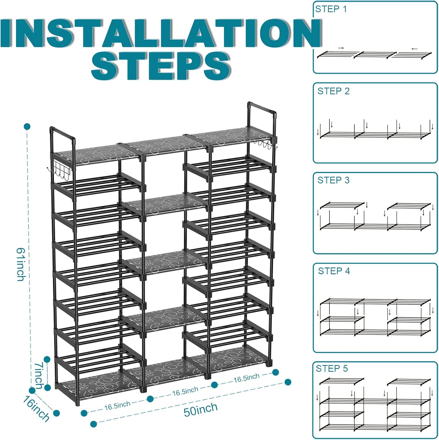 9-Tier Shoe Rack Storage Organizer, Shoe Shelf for Holds 50-55 Pairs Large Shose Stand with Adjustable Side Hooks for Entryway and Hallway