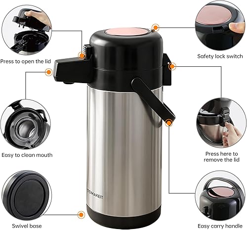 Miniatura 34 de Jarra térmica de café de 2L/68 onzas, doble pared al vacío de acero inoxidable 304, termo aislado de acero inoxidable, 24 horas mantiene el Negro