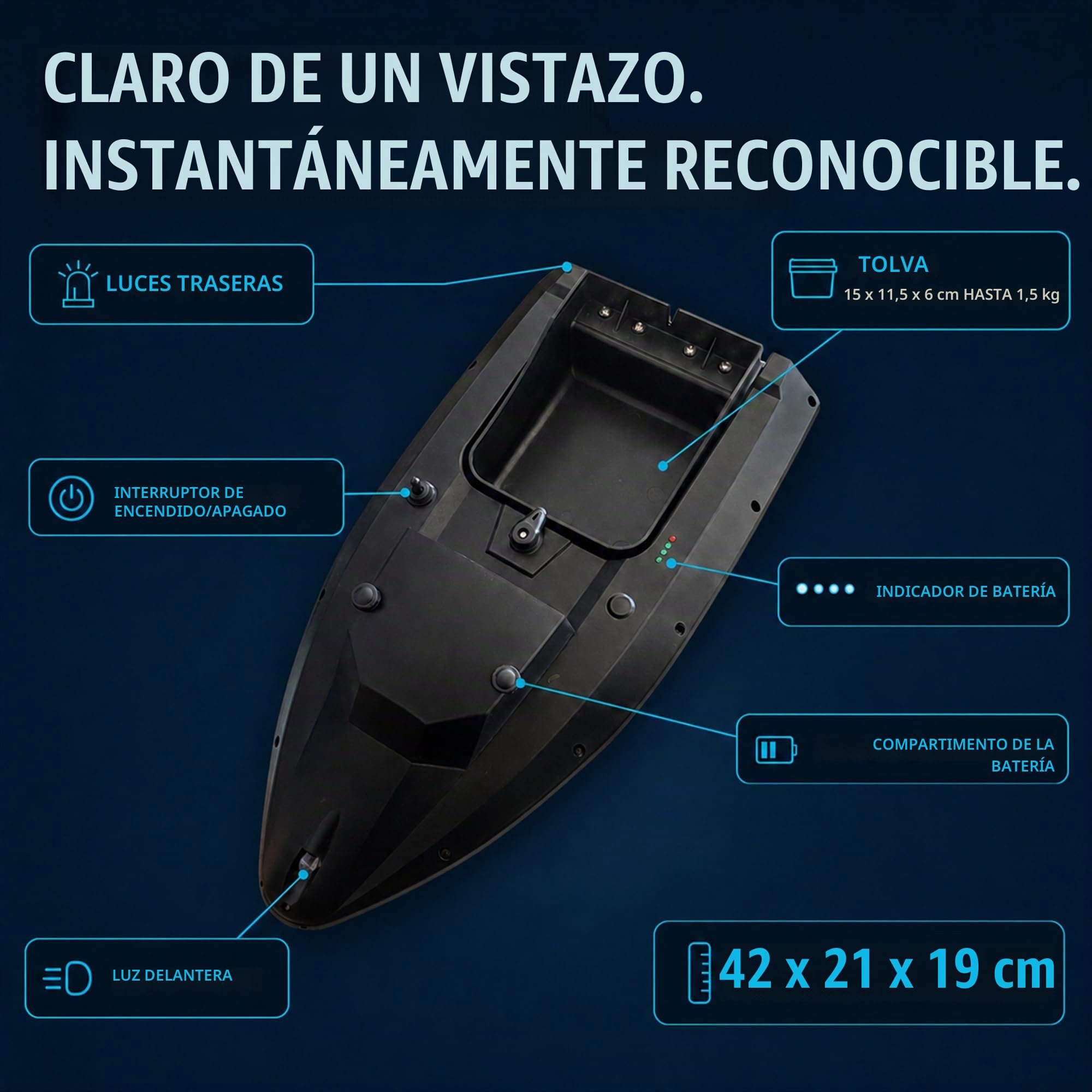 Barco cebador la Pesca de Carpas – Nuevo Modelo con Control de Crucero, 1,5 kg Capacidad de Carga, 500 m de Rango, 3 Horas de navegación, Luces LED – Barco Baitboat Carpa con Control Remoto