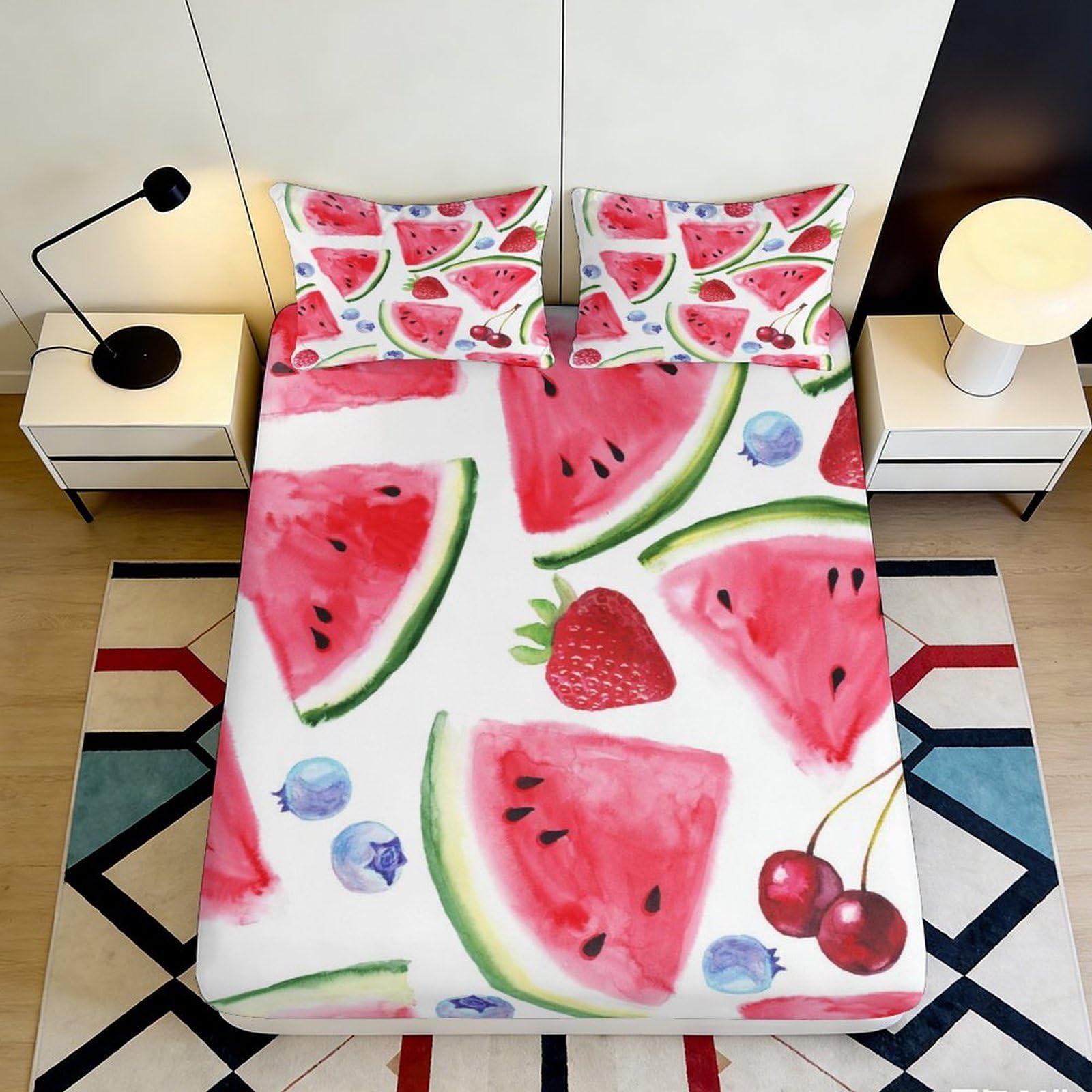 3D Printed Watermelon Strawberry Fitted Sheet Microfiber Anti-Slip Fruit Bed Cover for Bedroom Guest Room Decor 90x200x25cm
