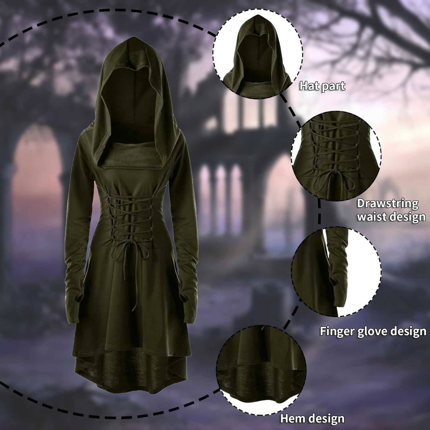 Mittelalter Kleidung Kostüm Damen Set Mittelalterliches Kapuzenkleid Set Renaissance Kostüm Set mit Armschützern Gürtel Gürteltasche Strümpfe Zubehör