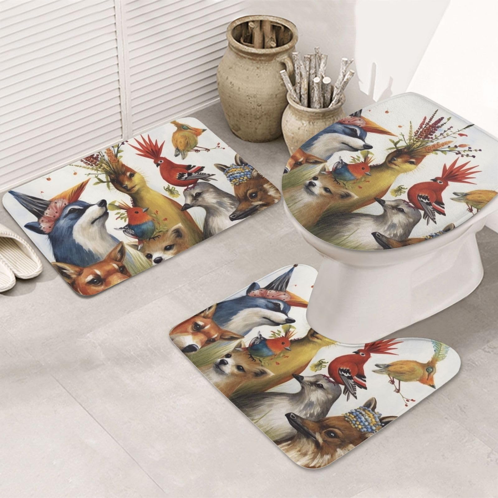 Dwrepo Animal Party Print Bathroom Rug Set 3 Piece with Non-Slip U-Shaped Contour Mat and Toilet Lid Cover for Bathroom Decoration