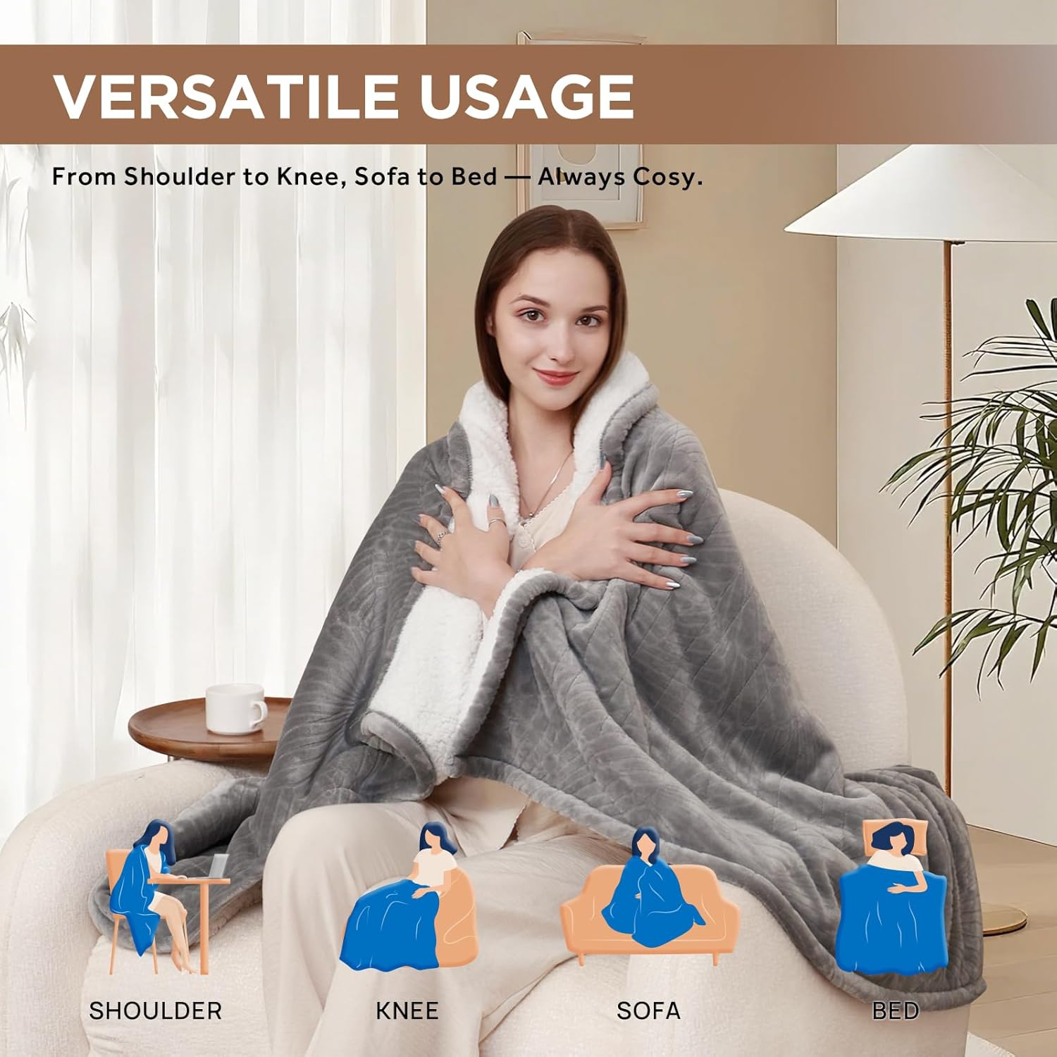 Westinghouse Electric Throw Blanket, Flannel Sherpa Heated Throw with 6 Heating Levels and 2-10 Hours Auto-Off, Flower Jacquard Heated Blanket, Fast Heating & ETL Certification, 50" x 60" Inch, Grey - Image 8