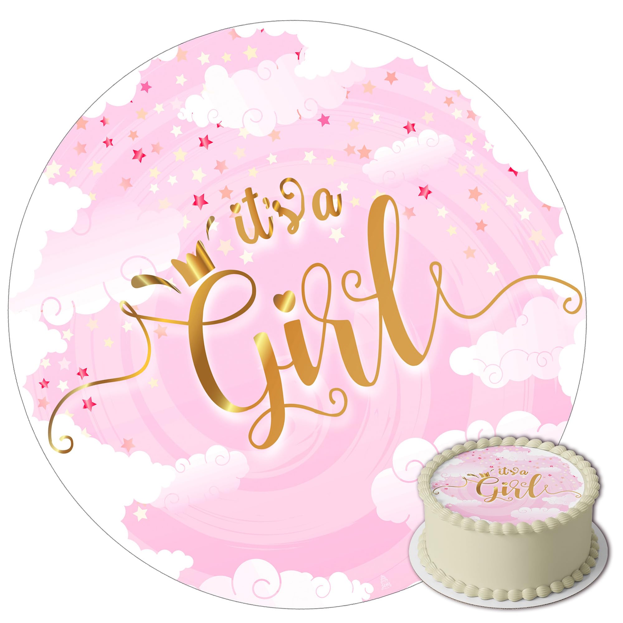 J&M DECO Opłatek na tort Baby Shower It’s a Girl Ø20 cm – jadalna dekoracja na urodziny i chrzest dziewczynki – topper tortowy dla dzieci – bezglutenowy i wegański