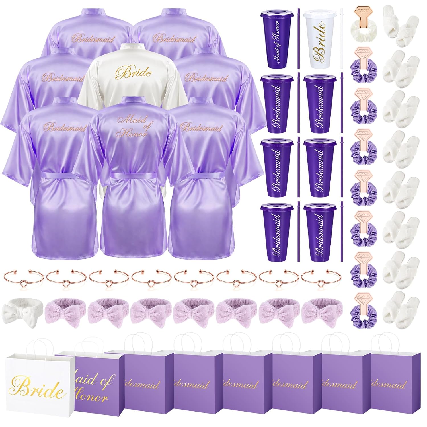 56 Pcs Bridesmaid Bride Robes Set of 8 Bridal Party Silk Satin Robes for Wedding Bachelorette Party Gifts (White, Light Purple)