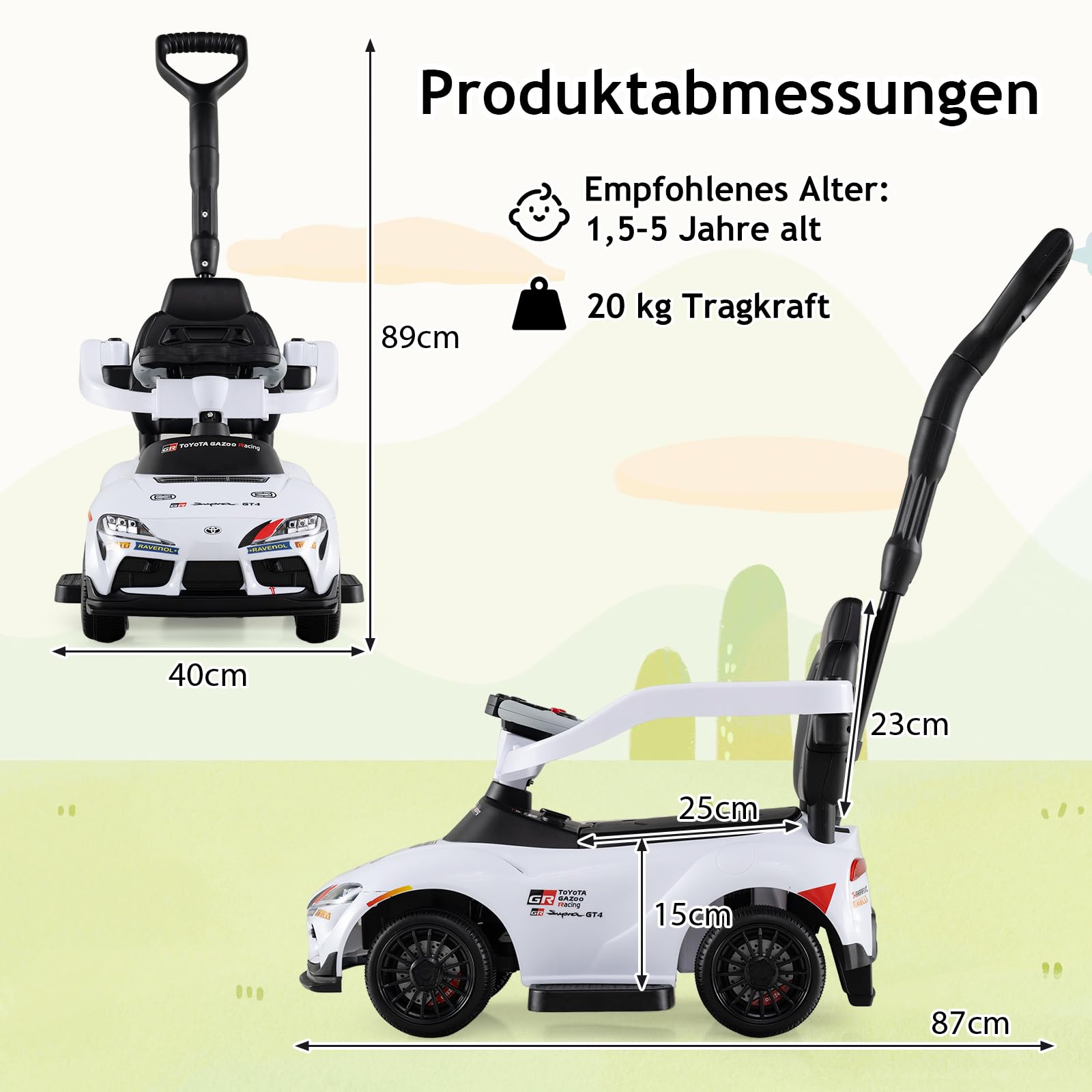 GOPLUS 3 in 1 Schiebeauto, Rutschauto Toyota mit verstecktem Stauraum & Musik, Rutschfahrzeug mit Schiebestange, Kinderfahrzeug für drinnen & draußen für Kinder von 18–60 Monaten (Weiß)